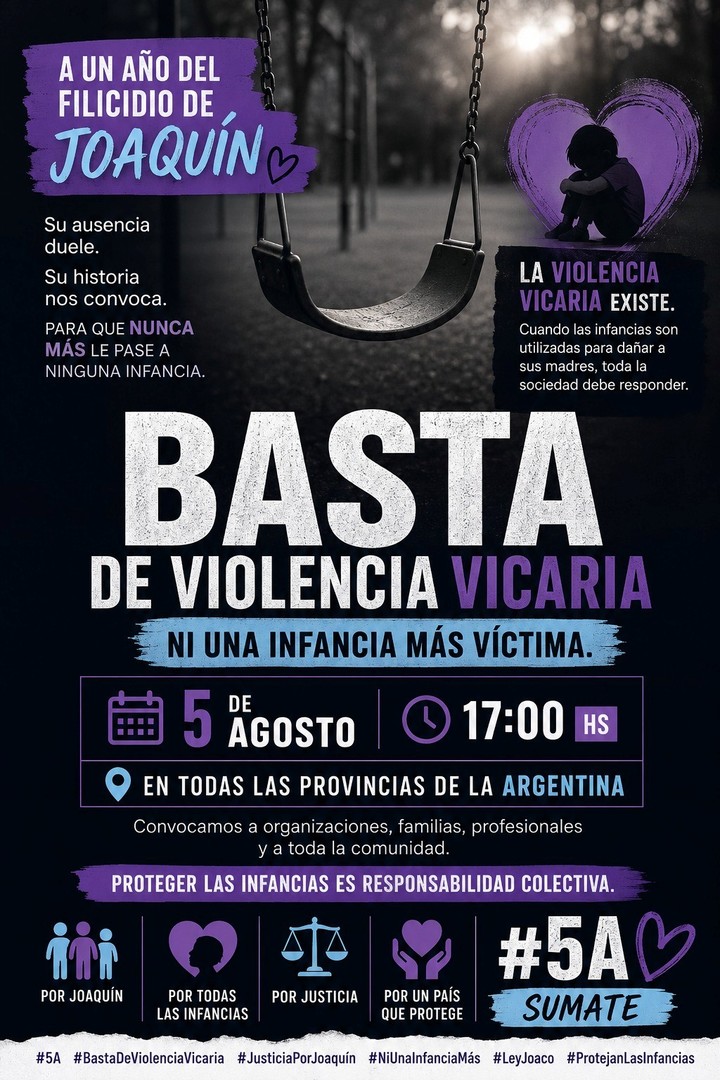 clarincom's tweet photo. A UN AÑO DEL CASO DEL PRECEPTOR QUE MATÓ A SU HIJO, MARCHAN AL CONGRESO CONTRA LA VIOLENCIA VICARIA

Lectura rápida
A un año del asesinato de Joaquín, de 8 años, Natalia Ciak y organizaciones contra la violencia vicaria marcharán este miércoles a las 17 frente al Congreso y en las principales plazas de cada ciudad. La convocatoria lleva como lema “Ni una infancia más víctima”.

El crimen
El niño fue asesinado el 5 de agosto de 2025 por su padre, Alejandro Ruffo, mientras se separaba de Natalia. Antes del crimen, el hombre le había advertido a su esposa: “Hoy te vas, pero te vas sin nada”.

El vacío legal
La Argentina cuenta desde 2009 con una ley de protección integral contra la violencia hacia las mujeres, pero no existe una norma que defina y regule específicamente la violencia vicaria, en la que un agresor daña a sus hijos para provocar sufrimiento a la madre.

La Ley Joaquín
Ciak impulsó junto con la Red de Madres Víctima de Violencia Vicaria y Somos Murallas el proyecto de “Ley Joaquín”, con perspectiva de infancia. “Es una forma de honrar su nombre”, afirmó. Las impulsoras buscan que el Estado actúe de manera coordinada para proteger a niños y madres.

Las cifras
Las organizaciones también reclaman un registro oficial sobre víctimas, agresores, denuncias y antecedentes. Según un relevamiento de la Red, al menos 171 niñas, niños y adolescentes fueron asesinados por sus padres desde julio de 2008.

(+) en Clarín: https://t.co/9utTLRkoNt