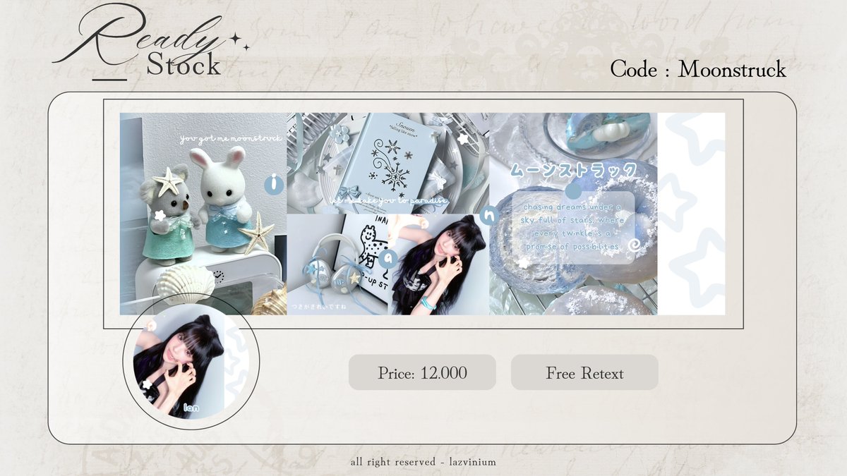 lazvinium's tweet photo. Repost are appreciated, thank you!

Good eve, sweetlings! Aku punya 2 layout ready stock Ian dari teaser terbaru dengan price yang tertera di pict dan free retext. Bisa langsung dijemput melalui DM atau Telegram Lily yaa 🩵

#bealanja https://t.co/RZDT0N2U9H