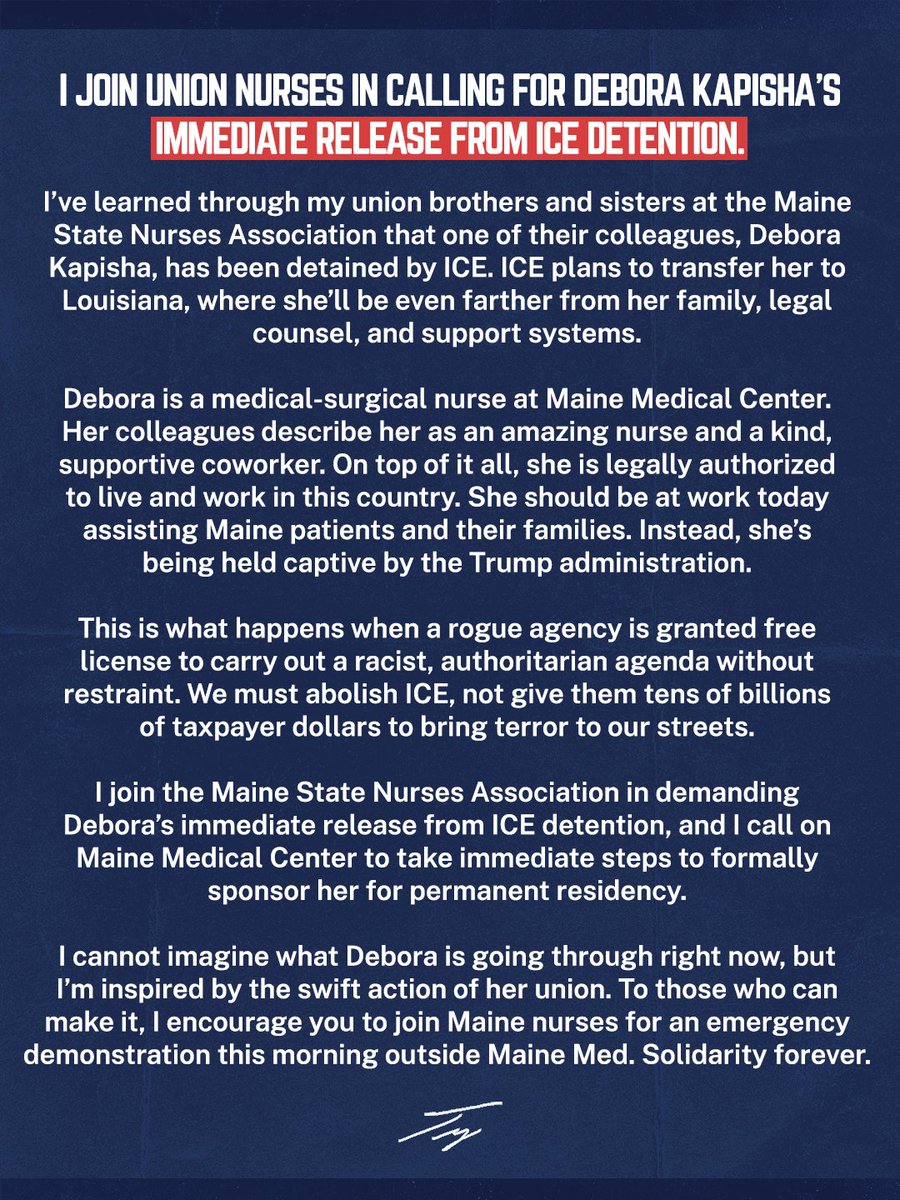 TroyJackson207's tweet photo. I join union nurses in calling for Debora Kapisha's immediate release from ICE detention. 

To those who can make it, I encourage you to join Maine union nurses for an emergency demonstration today at 10:30 AM outside Maine Medical Center in Portland. https://t.co/dLtWF29A4U