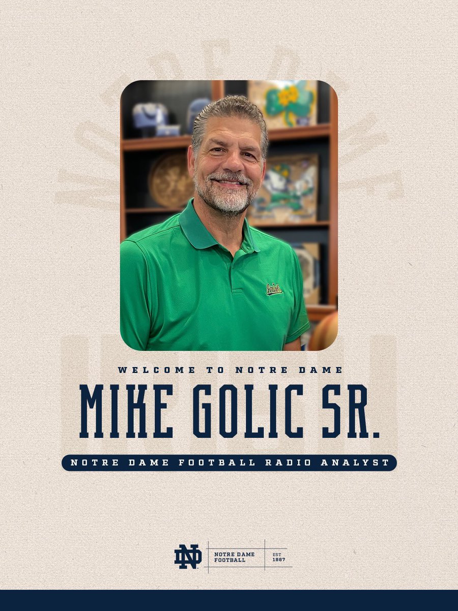 NDFootball's tweet photo. Welcoming an Irish legend to the radio booth 📻

Mike Golic Sr. is joining the SoFi Notre Dame Radio Network!

🔗: https://t.co/NgpBmIKwGa

#GoIrish☘️ https://t.co/UMRrYQG2P5