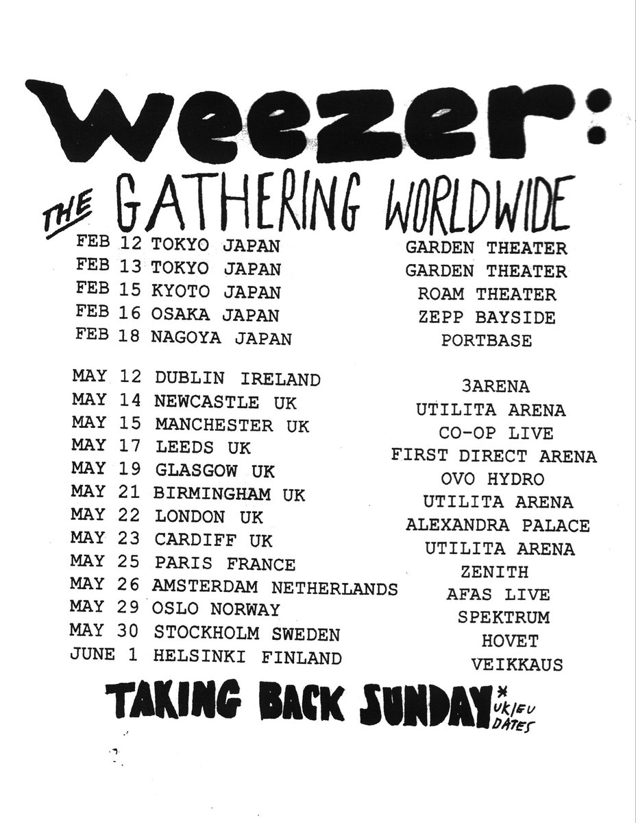 TBSOfficial's tweet photo. Incredibly excited to announce that we will be joining @weezer in 2027 for the EU/UK dates of The Gathering! Pre-sales 8/12 on sale 8/14! Stay tuned!!! https://t.co/McrYIKnkmP