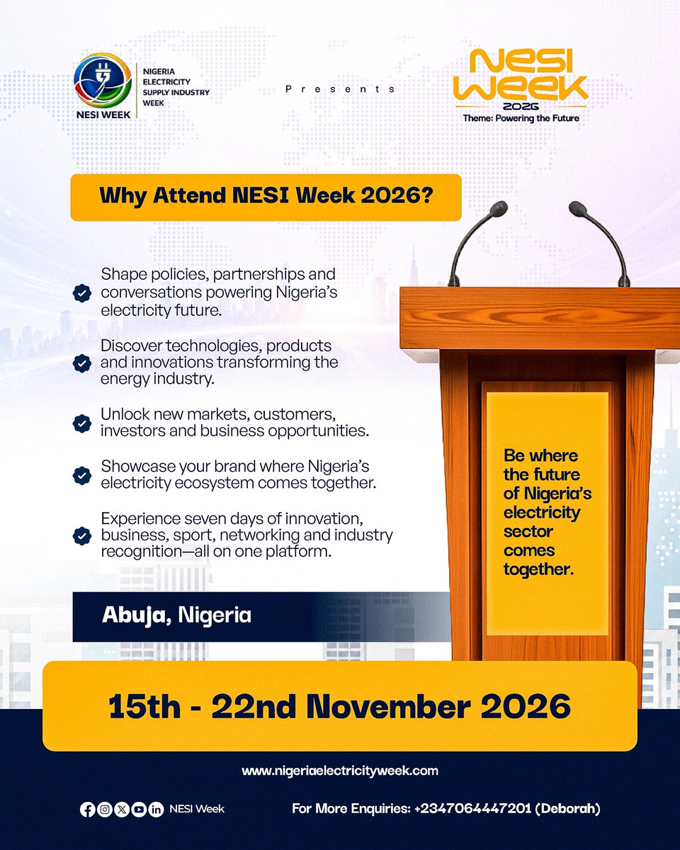 NESIWeek's tweet photo. 7 days 🔥🔥

At NESI Week 2026, you’ll find more than sessions and exhibitions.
The question isn’t just, “Why attend?”
It’s “Why miss it?”
Abuja, Nigeria
15–22 November 2026

Save the date. The ecosystem is coming together.

#nesiweek #nesiexpo #nesiinnovationchallenge #nesigames https://t.co/au6fM1EbOo