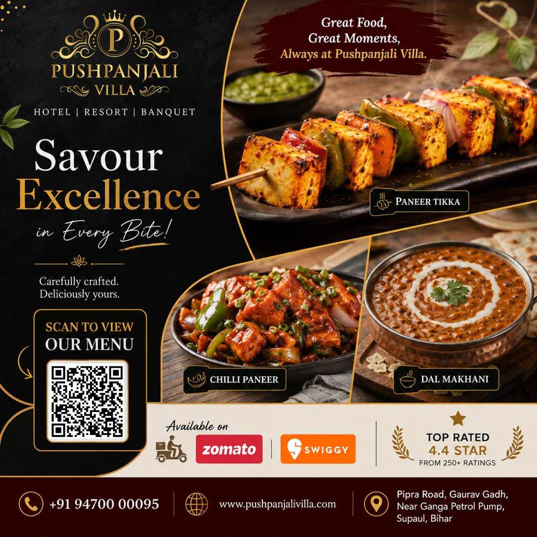 Pushpanjalivila's tweet photo. ✨  🍽️❤️From sizzling Paneer Tikka to creamy Dal Makhani, experience the taste that everyone loves at Pushpanjali Villa. 🌟

📍 Visit us or order now on Zomato &amp; Swiggy.

#PushpanjaliVilla  #FoodLovers #PaneerTikka #DalMakhani #ChilliPaneer #Supaul #TopRated #Zomato #Swiggy https://t.co/qquitYUvaD