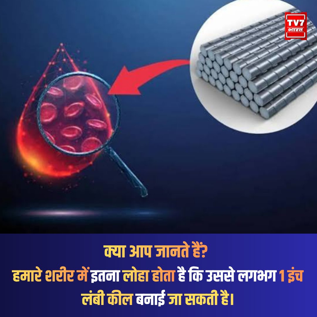 Tv7Bharat's tweet photo. क्या आप जानते हैं? हमारे शरीर में इतना लोहा मौजूद होता है कि अगर उसे इकट्ठा किया जाए, तो उससे लगभग 1 इंच लंबी कील बनाई जा सकती है।
#HumanBodyFacts #ScienceFacts #HindiFacts #CuriousMind #QuestioningLife #AmazingFacts #ThoughtProvoking #DailyFacts #HealthFacts https://t.co/QzBEjplEZQ