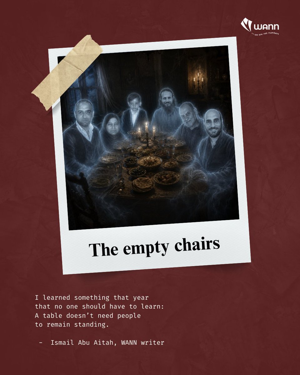 WeAreNotNumbers's tweet photo. "There was a table once.
Not a special table.
Just wood.
Just a surface.
But around it —
everything that mattered.
My father, Ibrahim.
My mother, Jamila.
My brothers, Mohammed, Ahmad, Mahmoud, and their families.
My sisters, Iman, Manal, and Ala’a.
My nephews, Adham among them.
Filling the space around it
without thinking about it.
Then came the night of July 24, 2014.
One night.
One missile.
Five people.
My father.
My mother.
Mohammed.
Ahmad.
Adham.
Five chairs,
empty."

Read the full poem and more deeply personal stories of life, loss and survival from Gaza on We Are Not Numbers.