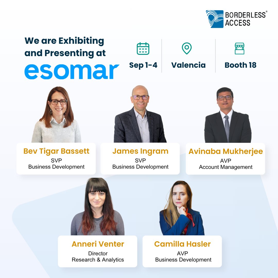 BorderlessXs's tweet photo. We're exhibiting &amp; presenting at @ESOMAR 2026 in Valencia! 🌊

Meet our team at Booth 12: verified panels, hyper-niche audiences, and Human + AI delivery, all on the ESOMAR stage.

DM us to schedule a meeting 

#ESOMAR2026 #MRX #BorderlessAccess https://t.co/eofHQRrgfg