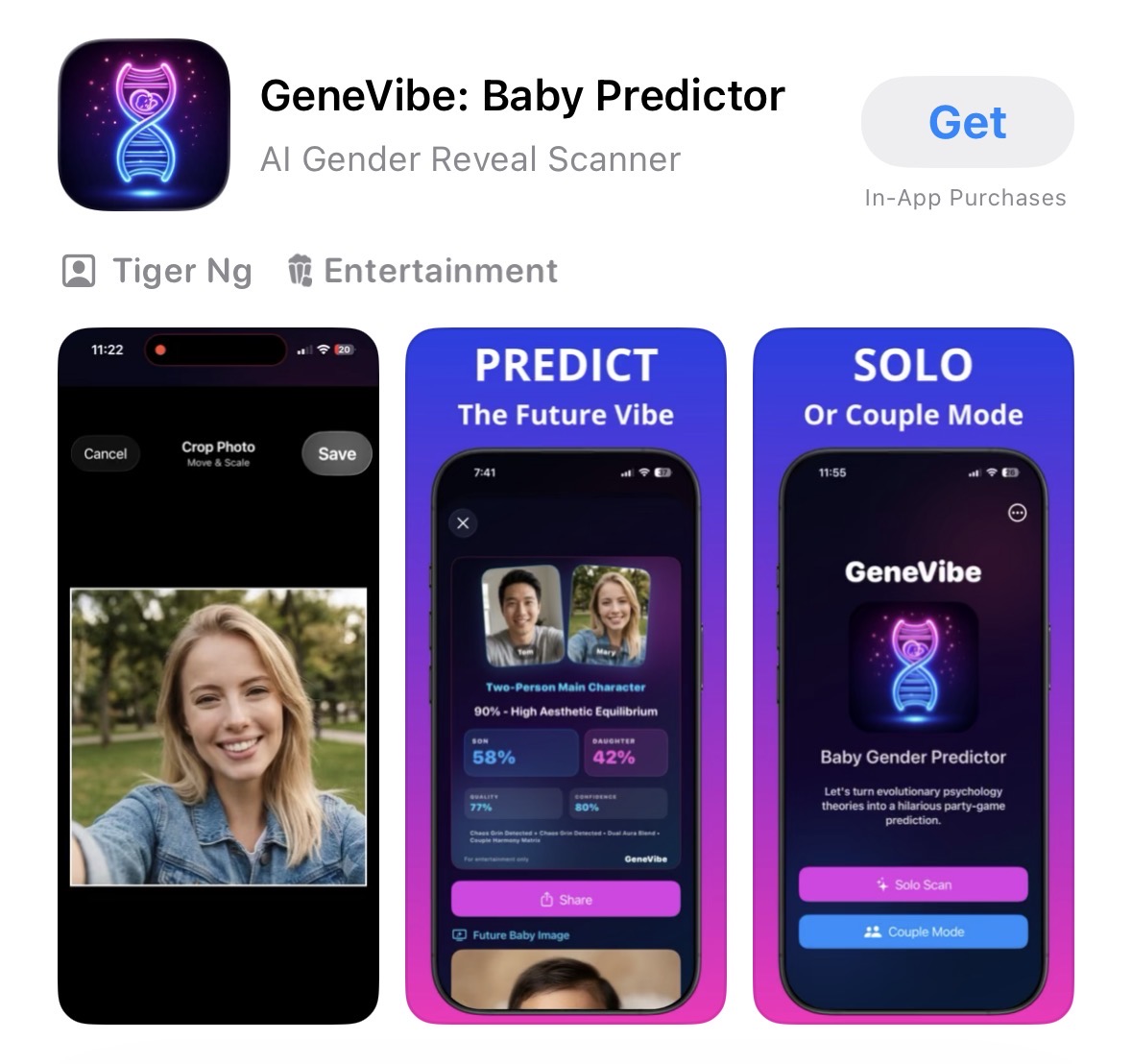 cbb_app's tweet photo. GeneVibe is a playful face-scan app that turn selfies and quick vibe questions into a fun future-child gender forecast by evolutionary psychology theories: https://t.co/9YxNvQc5gk https://t.co/KTzHqTXfMP