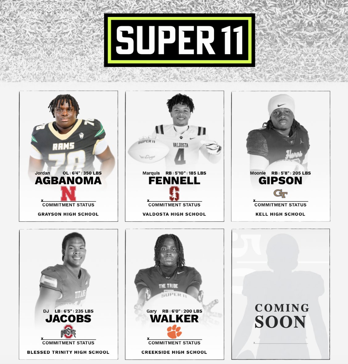 caitlyn_stroh's tweet photo. 5 selections to the 2026 AJC Super 11 have been announced. 👀

- 5* edge rusher @DaviddJacobss
- 4* running back @MoonieGipson
- 4* IOL @JordanAg78
- 4* running back @GaryWalker2027
- 3* running back @Quis2fye_

Who will be the final 6 picks? 

https://t.co/UkpywUCQGC https://t.co/gwM8OtQPCf