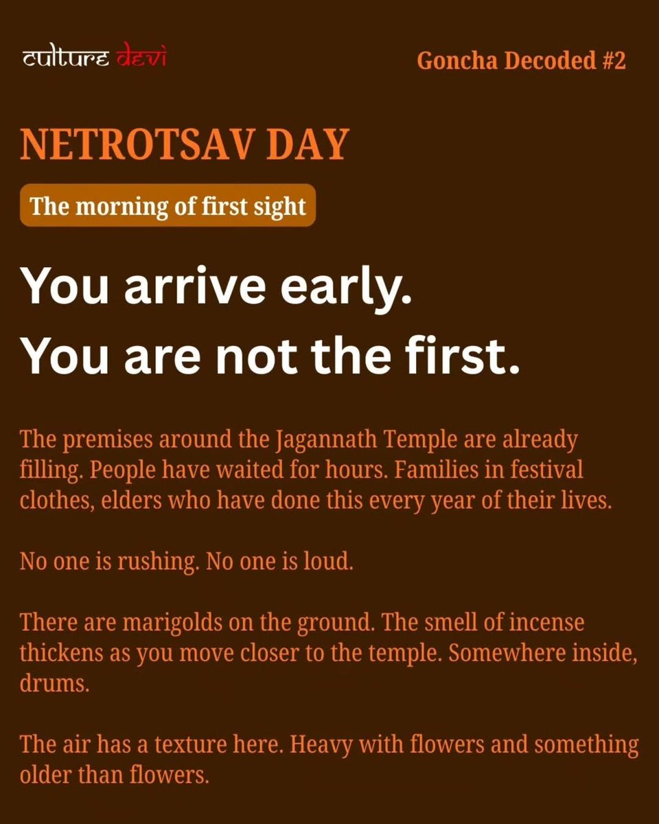 CultureDevi's tweet photo. Then comes Netrotsav.
You arrive early. The premises around the Jagannath Temple are already full.
Flowers. Incense in the air. Elders who have done this every year of their lives, standing exactly where they always stand.
#goncha #bastar https://t.co/I3AagjZ5vg