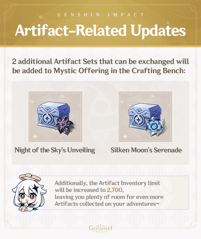 GenshinImpact's tweet photo. Version 7.0 "Everwinter Without Mercy" New Artifact Overview
#NowSnezhnaya #GenshinSnezhnaya #GenshinImpact 

Hello, Traveler~! Today, Paimon wants to introduce you to the brand-new artifact sets that will be appearing in Version 7.0! Come on, let's take a look~ https://t.co/ZNNSbwjYvV