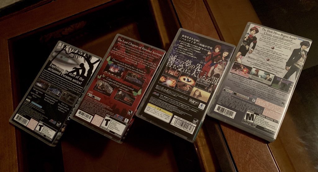 JoshuaMFrench's tweet photo. For this #PSPWednesday I’ve got all 4 Persona handheld ports including the import Eternal Punishment, plus Japanese and North American editions of P3P which added a female version of the protagonist as well as full party control. This series stands among my all-time favorite IPs. https://t.co/hEnpUNjGJt