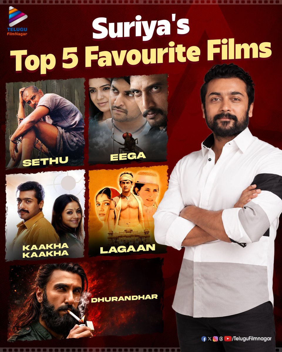 telugufilmnagar's tweet photo. #Suriya's movie taste is as versatile as his performances! 🎬✨

Here are his Top 5 favourite films. Which one tops your list? 👇❤️

#VishwanathAndSons #TeluguFilmNagar https://t.co/pV4v1Yl6vm