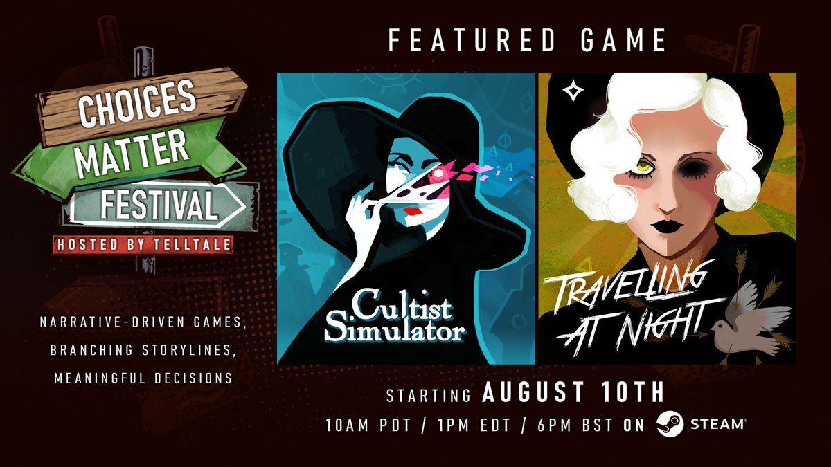 weatherfactory's tweet photo. Apparently we like cool girls in black?

Cultist Simulator and Travelling At Night are *both* in @telltalegames' Choices Matter Festival on 10/08/2026, launching Travelling's FIRST EVER DEMO. See you there!

Cultist: https://t.co/HyINWQwo0E 
Travelling: https://t.co/QnOiy61ndO https://t.co/x8M4nwejLX