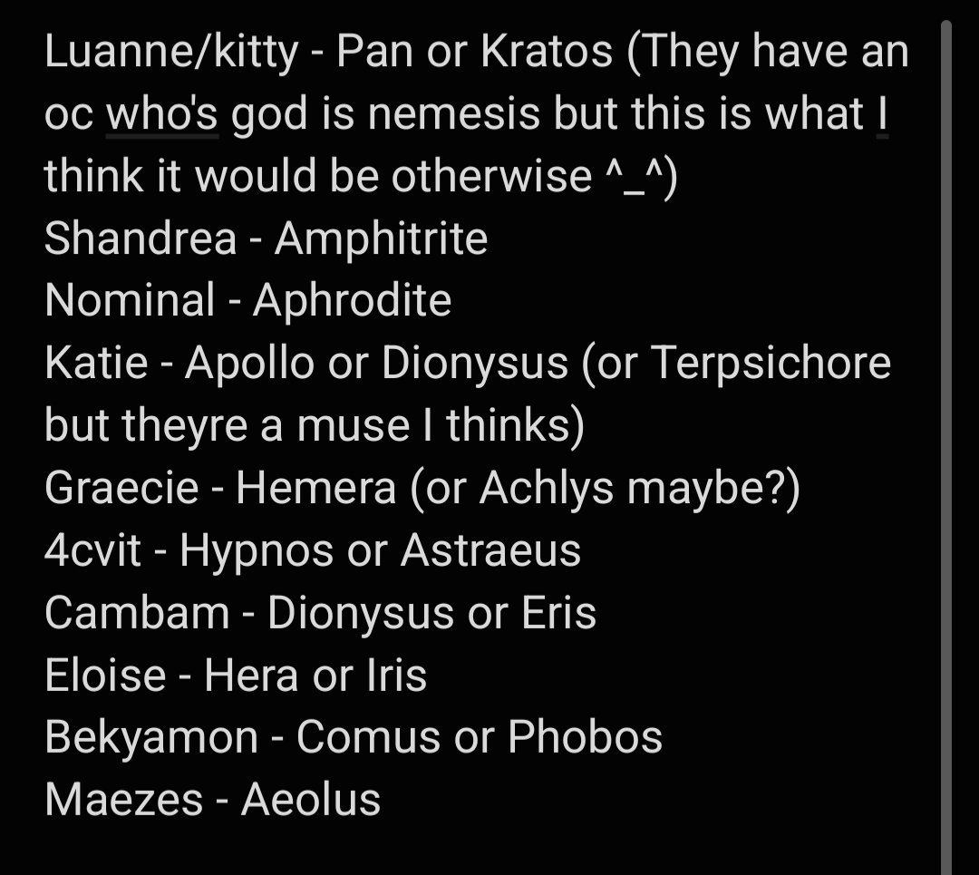 Goocicle's tweet photo. What greek god champions I think the bannerfall cast would be (the ones not in pantheon ofcs!) ^_^
#Lemonthyne #Shandrea #Nominalgravy #Katiegobrr #Graecie #4cvit #Cambam #Soupforeloise #Bekyamon #Maezes https://t.co/Ccrjp1V1KW