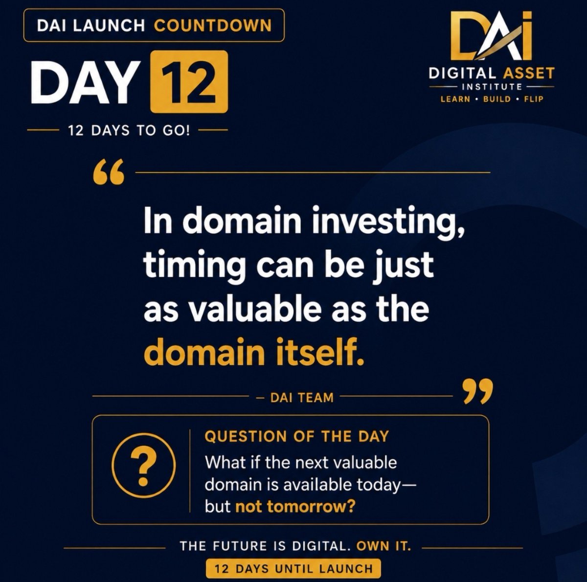 DomainDAI's tweet photo. The best digital assets are often registered before the world notices them.
Timing matters.����.
🔗 Join our community:
https://t.co/SwuSufjKfc⁠�
⏳ 12 Days to Go... 🖤
#Domianinvesting #RealEstateInvesting #Digitalassest #DAI https://t.co/PYWyiJRLTp