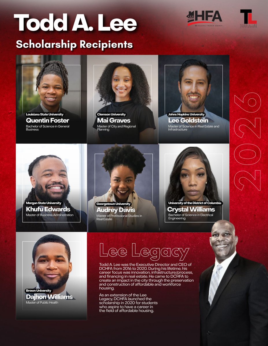 DCHFA's tweet photo. DCHFA Awards Seven Collegiate Scholarships to Students Defining the Next Era of Affordable Housing 

Check out the press release to learn more: https://t.co/CBgoc9FEZO 

#LeeLegacy https://t.co/y2DPgh8b7L