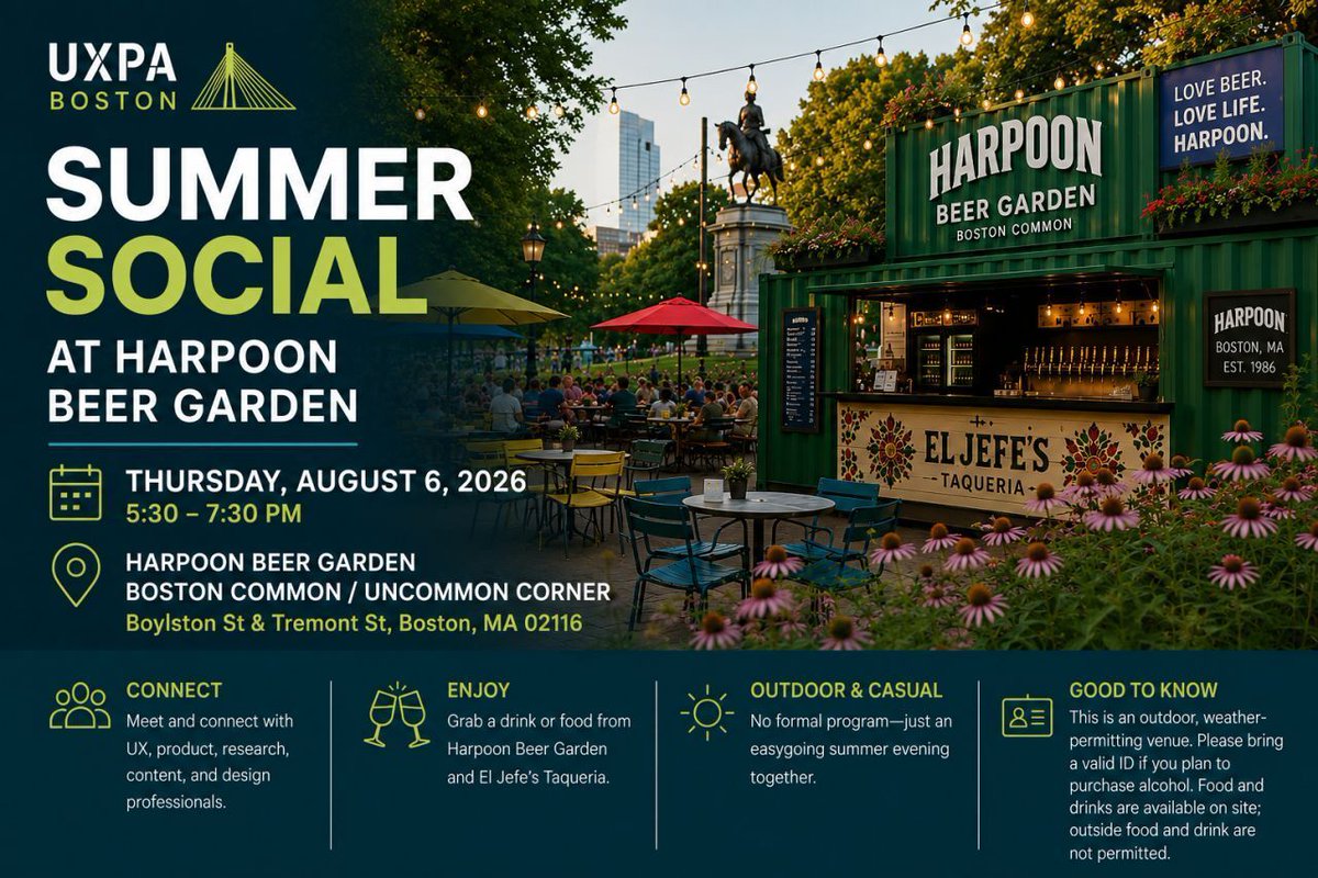 uxpaboston's tweet photo. Tomorrow’s the day! ☀️ Join UXPA Boston for our Summer Social at Harpoon Beer Garden.

📅 Thursday, August 6⏰ 5:30–7:30 PM📍 Boston Common, Boylston &amp; Tremont

We’re excited to see everyone for a casual evening of connection, food, and drinks! https://t.co/XmT2ISQBQB