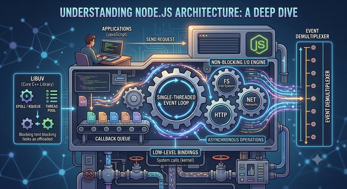 kshashi22's tweet photo. 1 Thread. 10,000+ Requests. How Node.js Does It:

A.)  V8 Engine: Converts JS to machine code.

B.) Event Loop: Single thread handling non-blocking requests.

 C.) Offloads heavy operations (file system, DB) to worker threads.

#nodejs #backend #javascript #webdev #chaiaurcode https://t.co/c4DhJ1rKV7