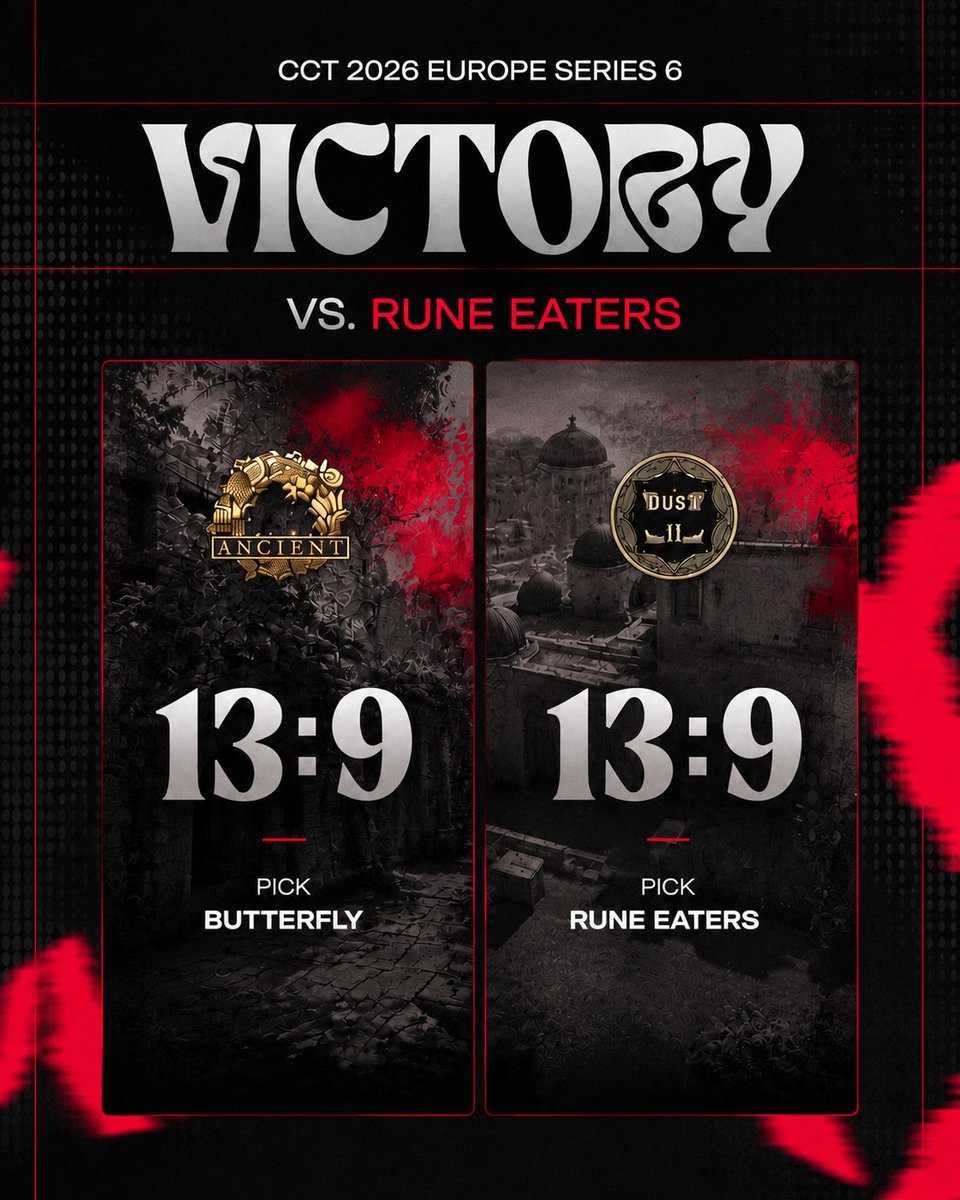 butterfly_cs2's tweet photo. 🔥🔥🔥 WE DEFEAT RUNE EATERS AND ADVANCE TO THE QUARTERFINALS OF THE CCT 2026 EUROPE SERIES 6

#ButterflyCS2 #ButterflyNews #CS2 #CCT https://t.co/Wx4BqfMiY0