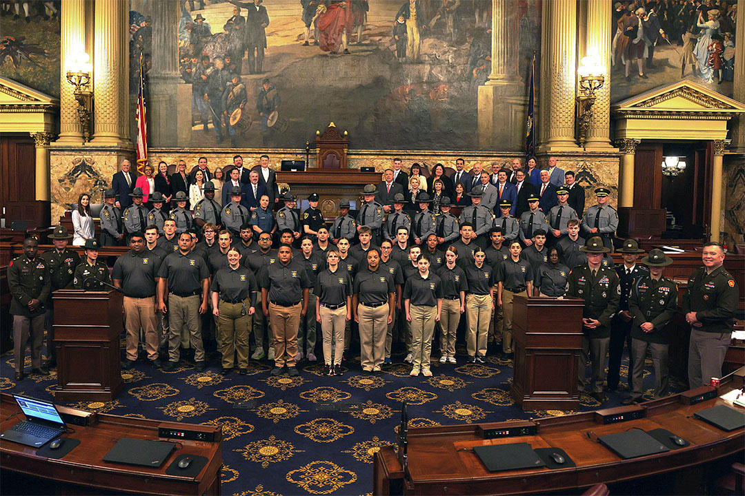 PAStatePolice's tweet photo. The Law and Leadership Academy is one of the many programs the department offers that reflect the Shapiro Administration’s work to support the State Police and encourage more individuals to pursue careers as state troopers. Read more at: https://t.co/MjCbaBlS9F https://t.co/s67CpVmVig