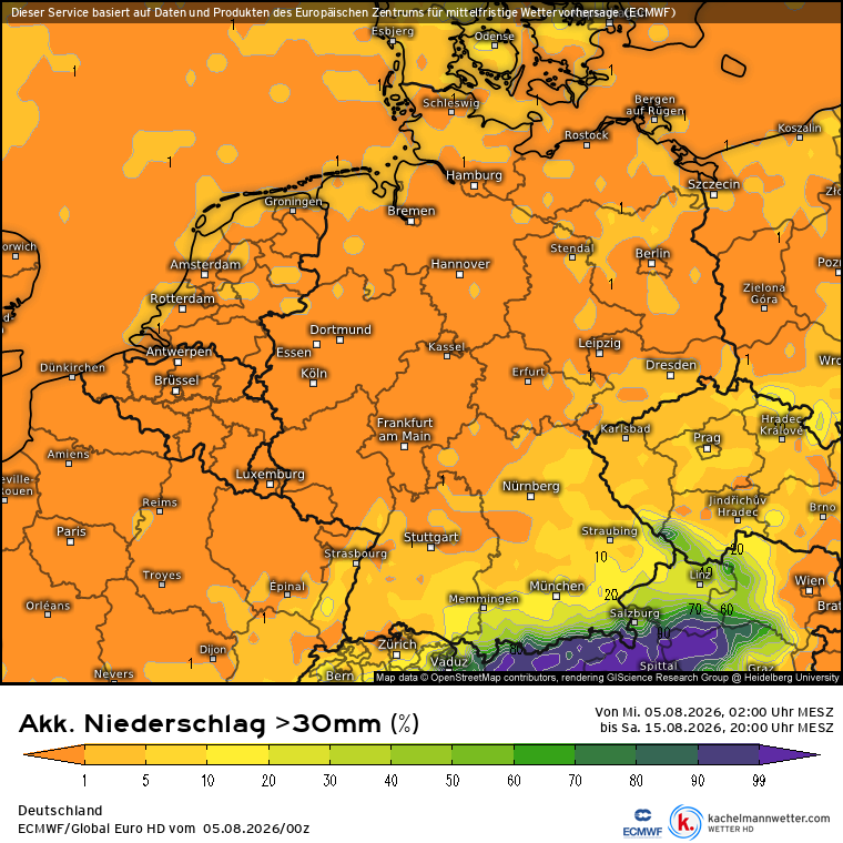 Kachelmannwettr's tweet photo. Schlimme Aussichten für den Rhein! Bis Mitte August nach dem ECMWF Modell keine Chance auf flächigen, ergiebigen Regen im Einzugsgebiet. Lokale Gewitterregen können nicht aufgelöst werden, aber auch in CH wohl nichts Großes. Niedrigwasser bleibt / verschärft sich. /FR https://t.co/ajXQGP0HUu
