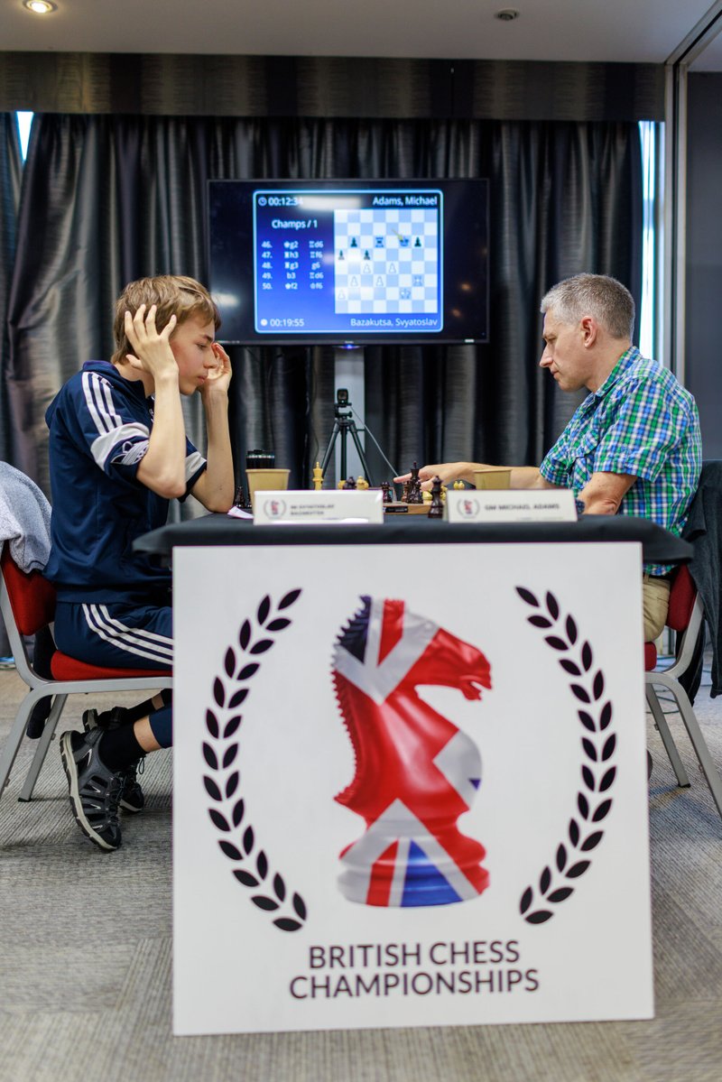 ecfchess's tweet photo. ♟️ Round 5 is almost here!
After defeating GM Michael Adams yesterday, IM Svyatoslav Bazakutsa leads the British Championship on 4/4.

The win also marked Michael Adams' first defeat in a classical British Championship game (excluding play-offs) since 1988. https://t.co/auT3NVL5l3