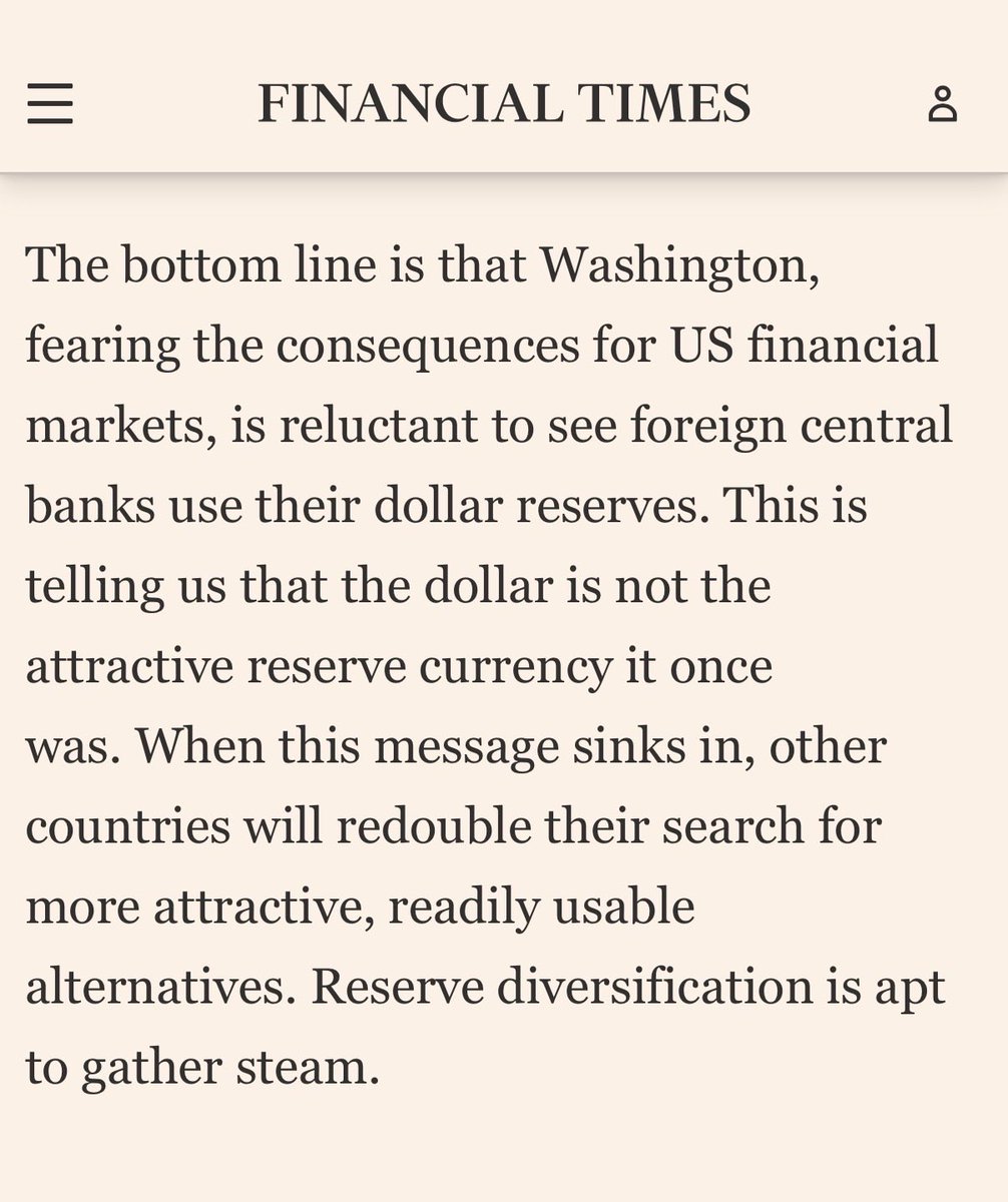 LukeGromen's tweet photo. If UST reserves cannot be sold in a crisis without making said crisis worse by threatening a debt spiral, then UST’s are no longer fit for purpose as FX reserves.

In contrast, earlier this year, gold reserves were sold easily &amp; quickly &amp; de-escalated the crisis.

Let’s watch. https://t.co/APL3pDLEER