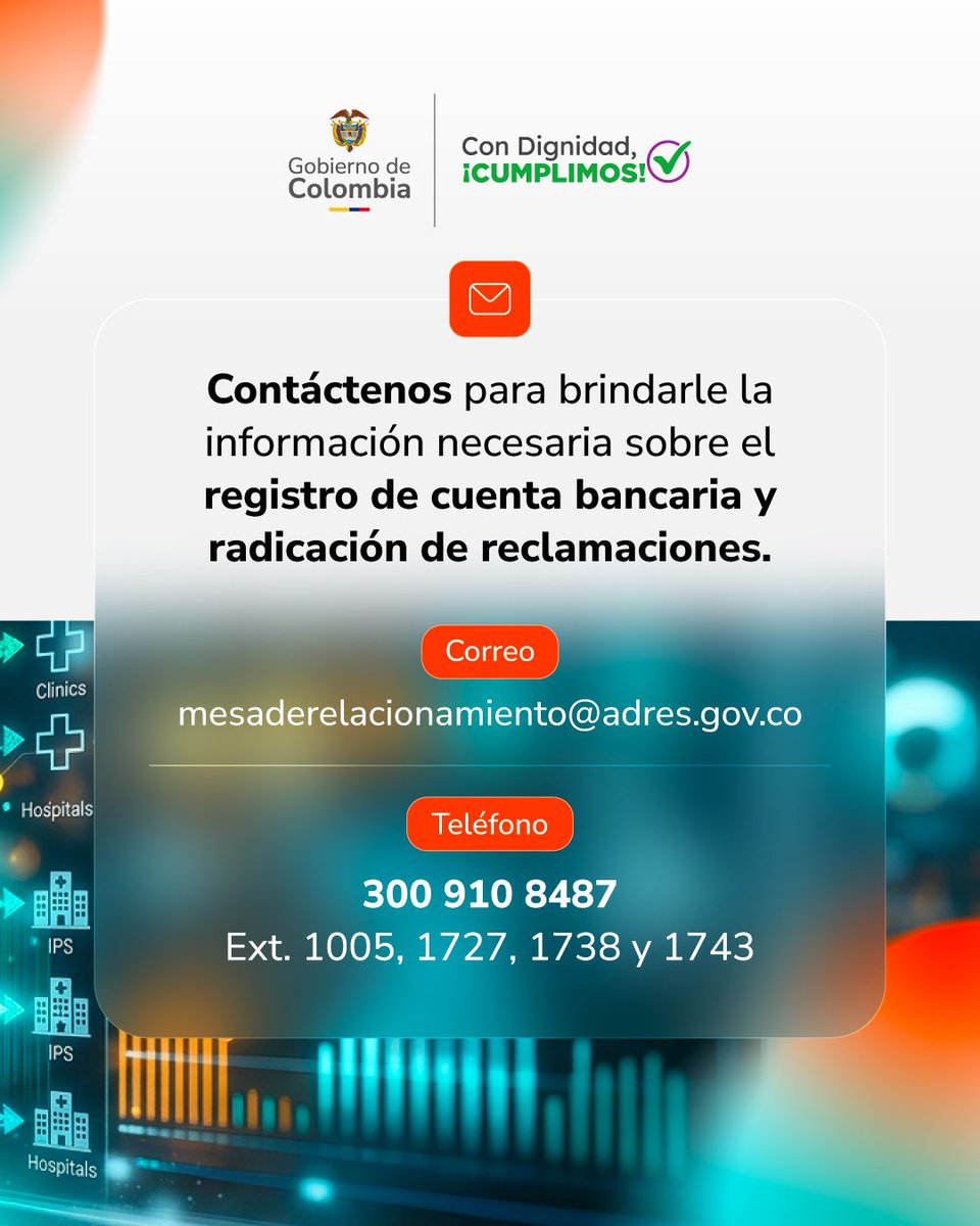 AdresCol's tweet photo. La ADRES creó la mesa de relacionamiento para atender de manera oportuna las dudas que puedan tener las clínicas y hospitales sobre la radicación y auditoría de #reclamaciones 👉 mesaderelacionamiento@adres.gov.co https://t.co/JKDl0mBb9G
