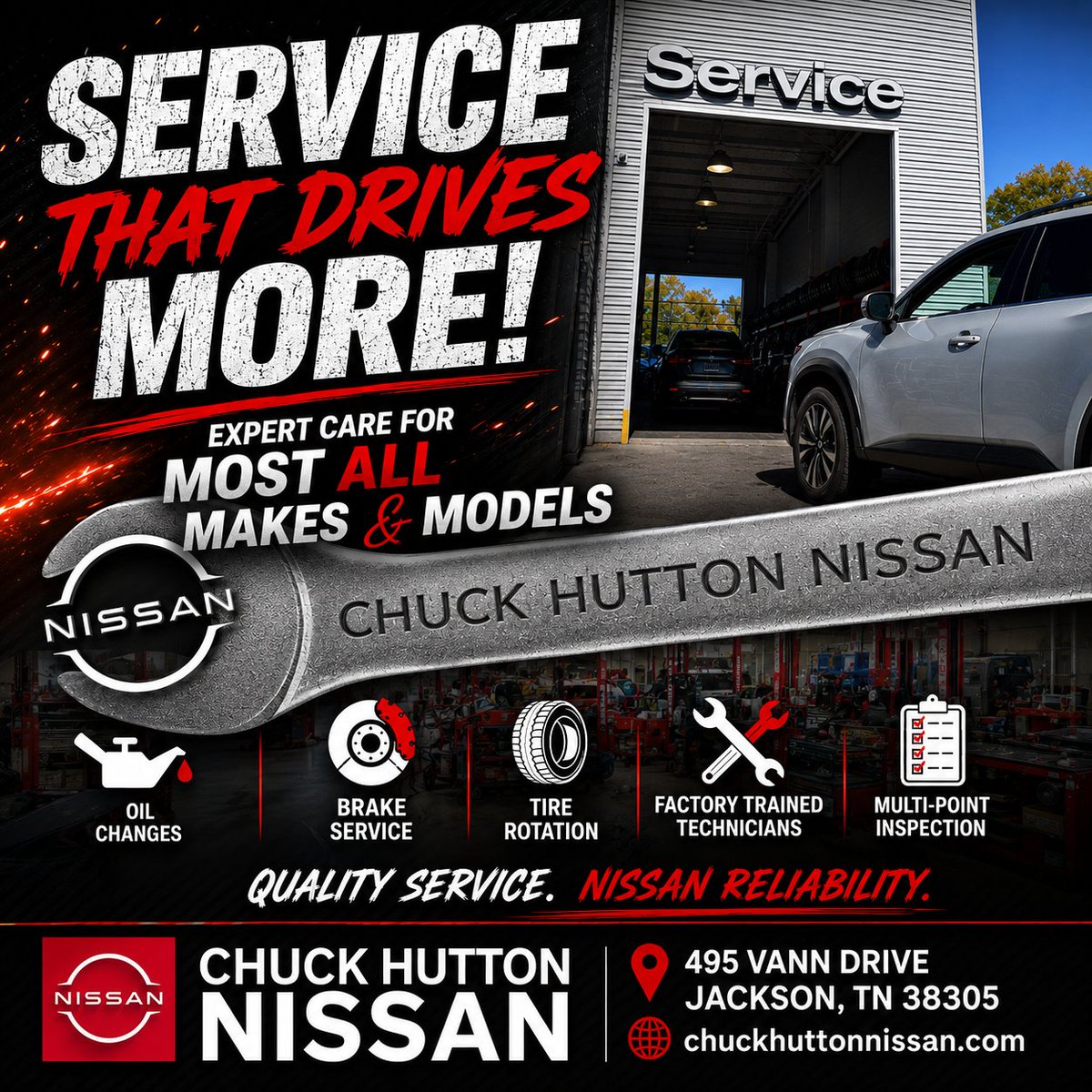 CHNissanJackson's tweet photo. From routine maintenance to unexpected repairs, the Chuck Hutton Nissan Service Department is here for all your vehicle’s service needs!
#ChuckHuttonNissan #NissanService #AutoService #VehicleMaintenance #JacksonTN https://t.co/nPri1SLALd