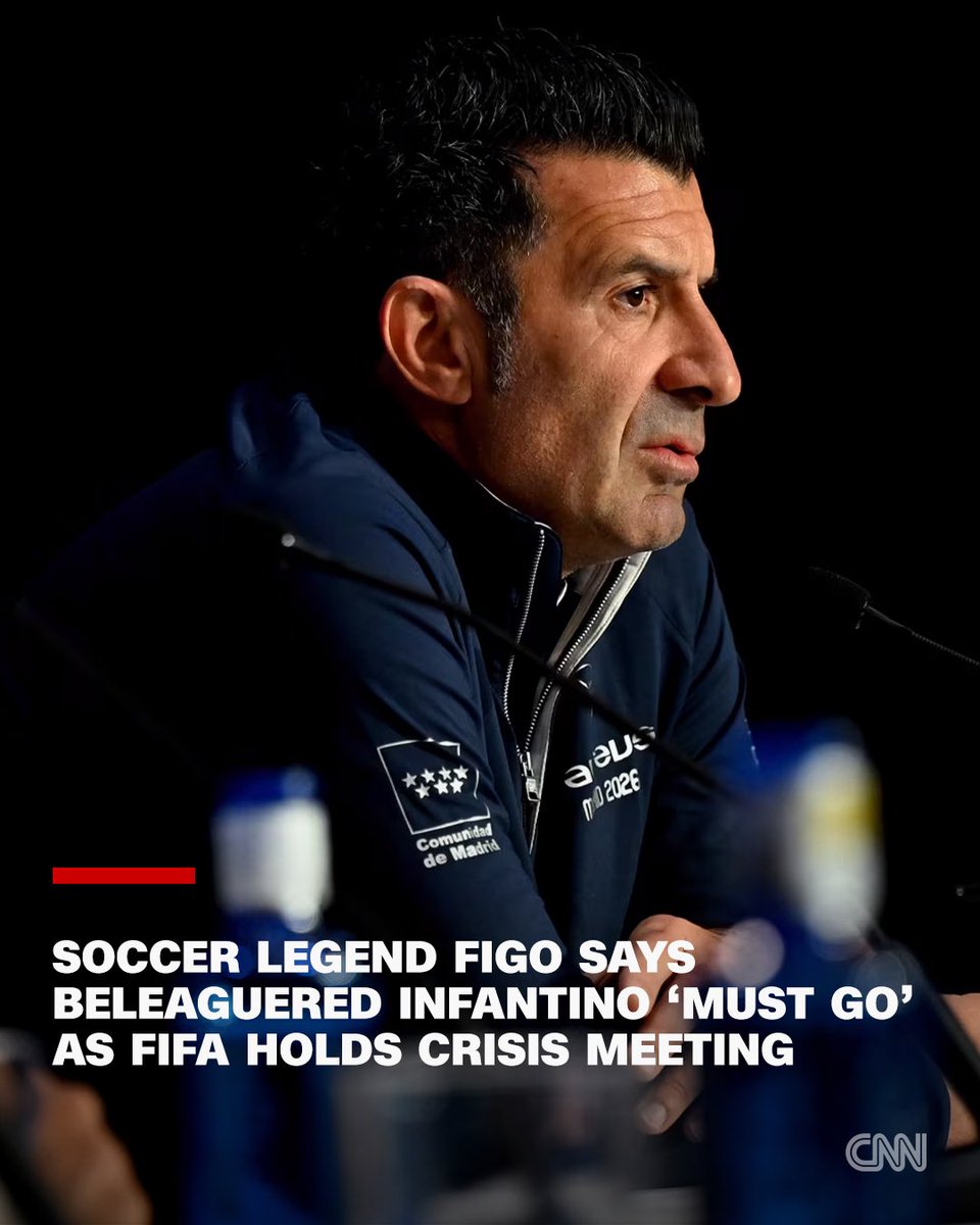 cnni's tweet photo. Soccer legend Luis Figo has publicly said beleaguered FIFA President Gianni Infantino “must go,” piling the pressure on the sport’s chief administrator as he holds a crisis meeting with top FIFA officials after scrapping a hugely controversial plan to sell private stakes in the World Cup and other top tournaments. https://t.co/QANVEnCljU