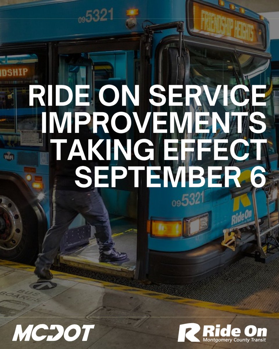 RideOnMCT's tweet photo. Ride On is updating schedules for 20 routes beginning September 6, including the extension of our Flash service on US29 all the way into Howard County! π Mark your calendars ποΈ and remember to check https://t.co/Koy2tdiXOQ to see if your route is affected. #RideOnServiceChanges https://t.co/I3jQzCjURf