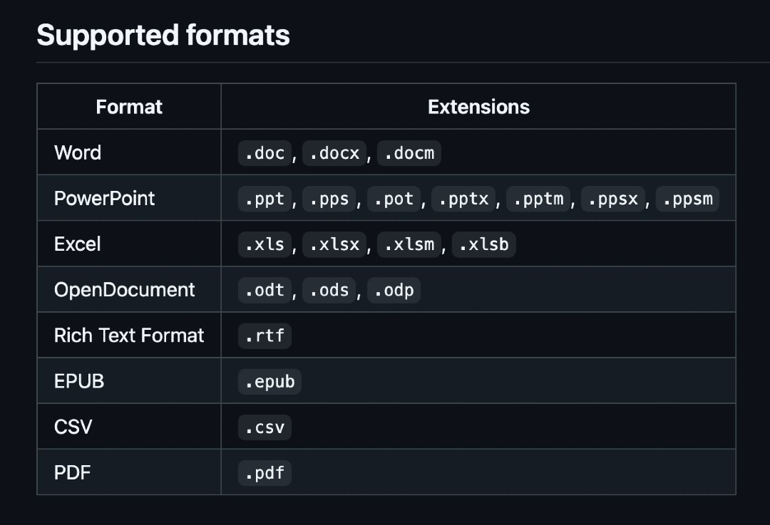 MoureDev's tweet photo. Esta librería convierte a Markdown documentos Word, PowerPoint, Excel, OpenDocument, RTF, EPUB, CSV y PDF!

Esencial con lo importante que se ha vuelto este formato para los LLMs.
Está creada en Rust y puedes utilizarla también con npm, Python y su propio CLI.

→ https://t.co/PMZzdLP4Im