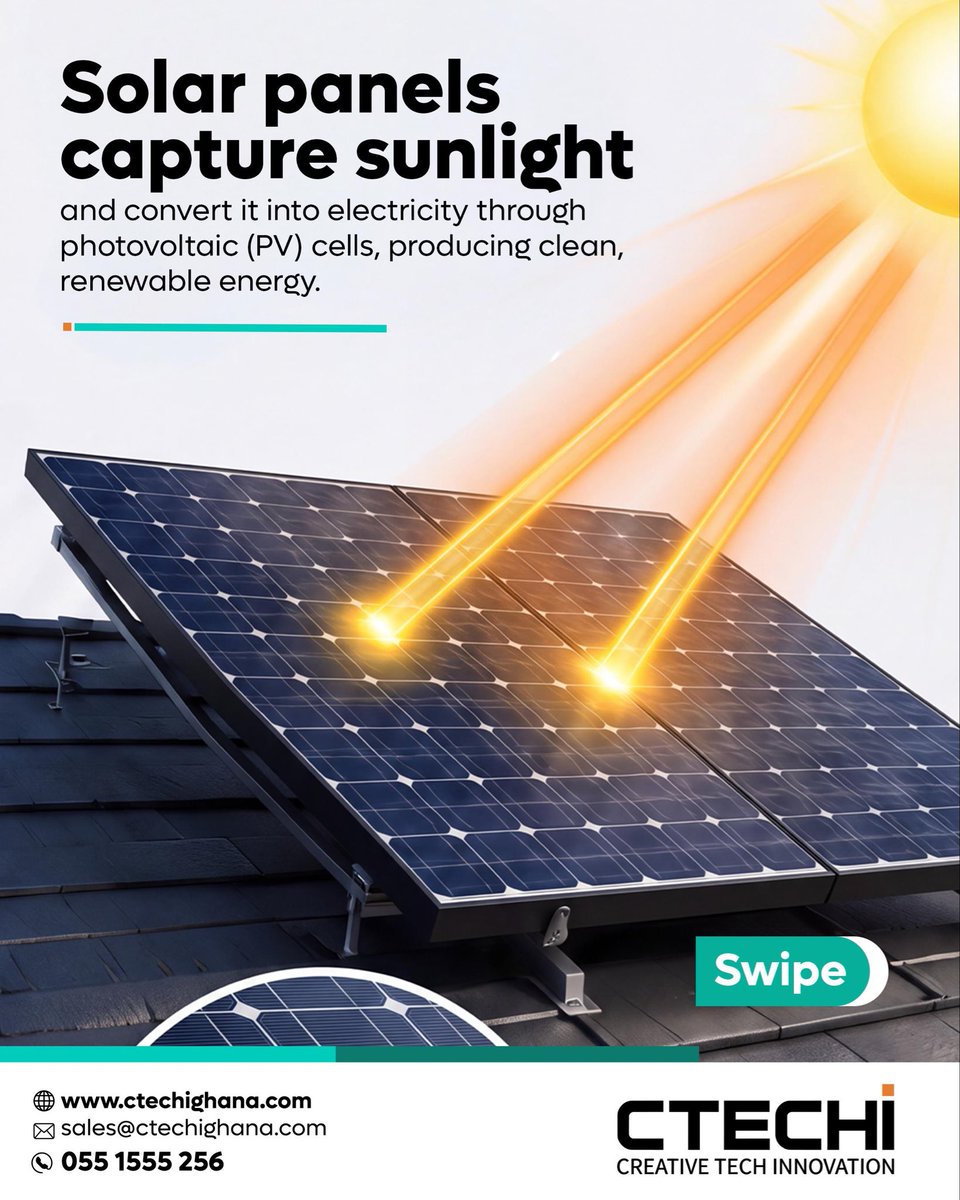 ctechisolar's tweet photo. Ever wondered how sunlight becomes electricity?  Solar panels capture sunlight and convert it into usable power through photovoltaic cells, an inverter, and battery storage. Simple science, powerful results.

#Ctechisolar #Ctechighana #Dumsor #Solarenergy https://t.co/IruvBIRoEN