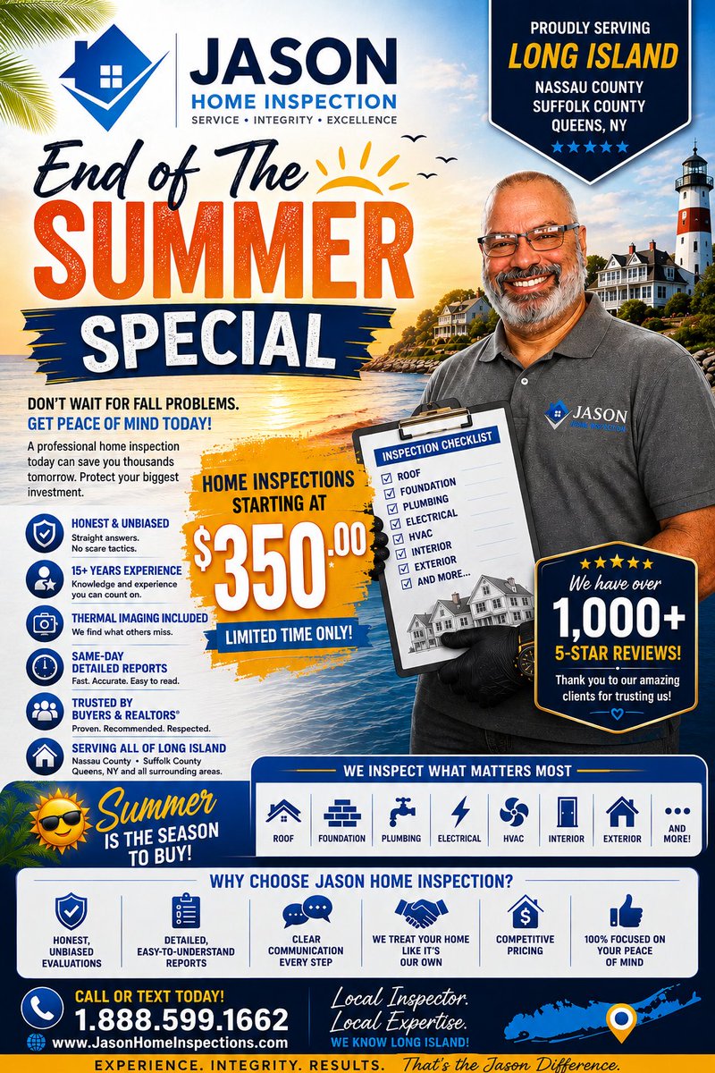JEscoabar's tweet photo. Summer is winding down, but there’s still time to schedule your home inspection with Jason Home Inspection. Ensure your property is safe and ready for the next season. Serving Suffolk and Nassau County with prompt, thorough service. Book your inspection today. https://t.co/l6AqwGZEPe