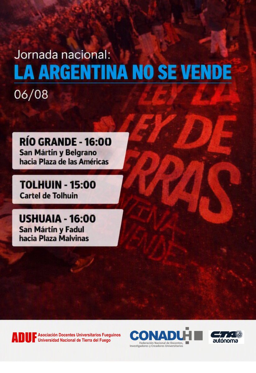 aduf_untdf's tweet photo. ADUF convoca a marchar: La tierra no se vende

Este 6 de agosto, el Senado debatirá la reforma a la Ley de Tierras Rurales, que busca eliminar o flexibilizar los límites a la compra de tierras por parte de personas y empresas extranjeras. https://t.co/xNcTQyUxNj