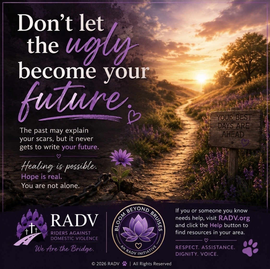 RADV15's tweet photo. Don’t Let the Ugly Become Your Future

Your past may explain your scars, but it never gets to write your future.

Hope is real. Healing is possible.

Read more:
https://t.co/Tv7ICsZeZI

#RADV #BloomBeyondBruises #Hope #Healing https://t.co/0i17bTHN8X