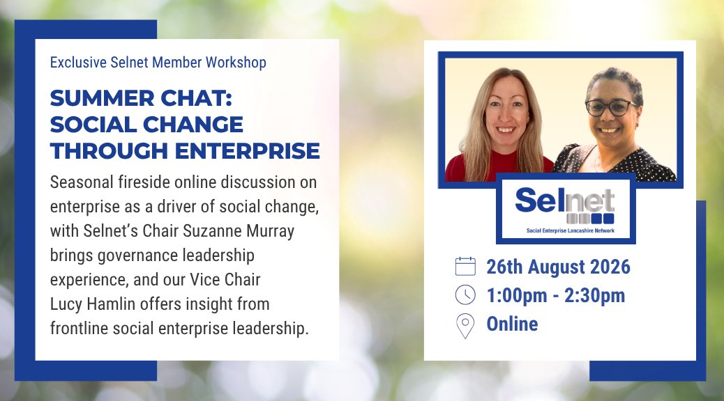 SelnetLtd's tweet photo. 🗓️Our next 2026 member event is our online Summer Chat

📧 Email nina@selnet-uk.com to book

Join our vibrant community of social and mission led businesses in #lancashire, #blackpool and #blackburn as a #SelnetMember as a #Foundation #Network #Partner or #Affiliate member ✅ https://t.co/0k5E8xurNQ
