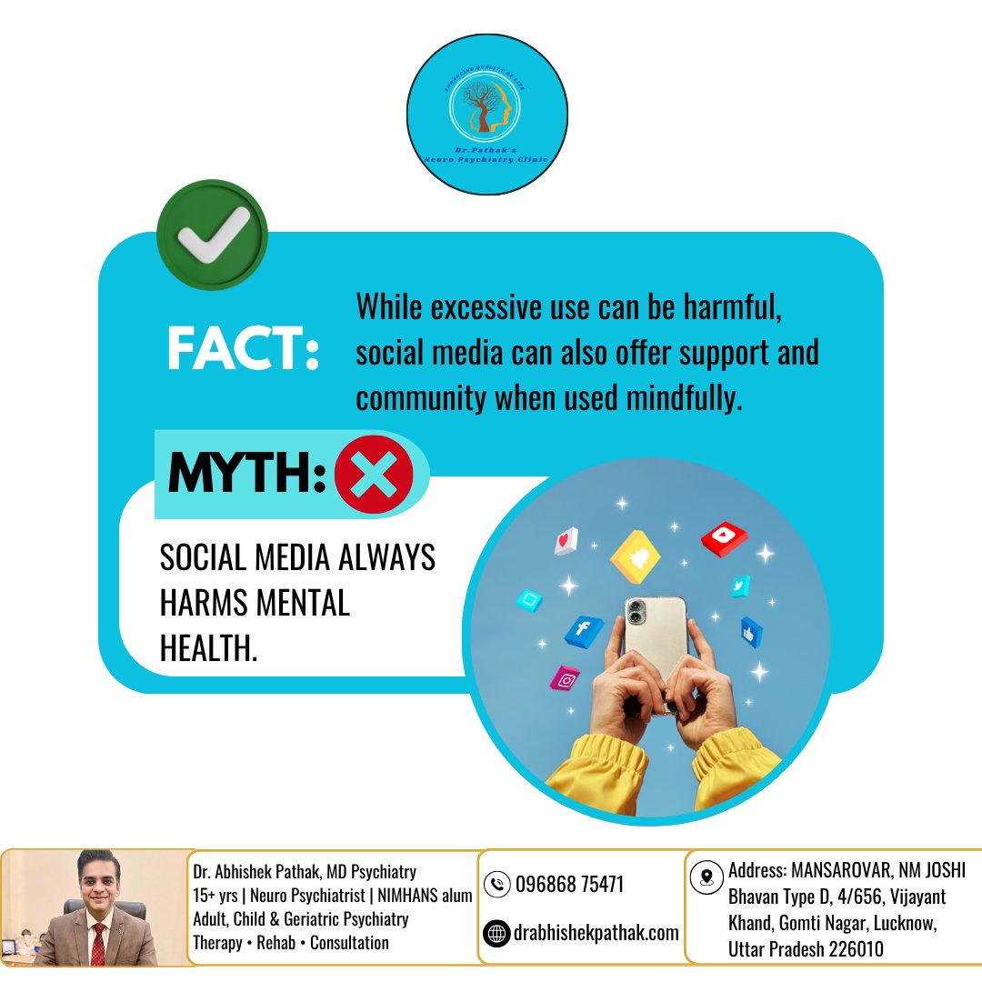 DrPathak1978's tweet photo. Myth vs Fact: Social Media &amp; Mental Health

💬What's your experience with social media? Has it helped your mental health, or made it more challenging? Share your thoughts in the comments.

📞Contact: 096868 75471
🌐Website: https://t.co/OWZ94bRlrO

#MentalHealthMatters #SelfCare https://t.co/Ljw6YtdM8k