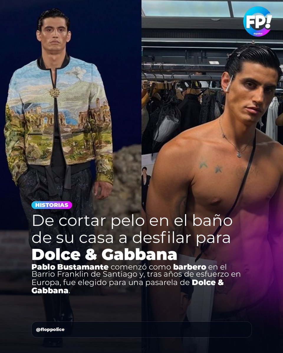 _floppolice's tweet photo. 💈🔥 Pablo Bustamante cortaba el pelo en el baño de su casa en Santiago para ganarse la vida. Años después, terminó desfilando para Dolce &amp; Gabbana en Europa.

¿Inspiración o suerte combinada con disciplina? 👀👇

#PabloBustamante #DolceGabbana #Modelaje #Chile #FlopPolice https://t.co/PVLOsRrwsT