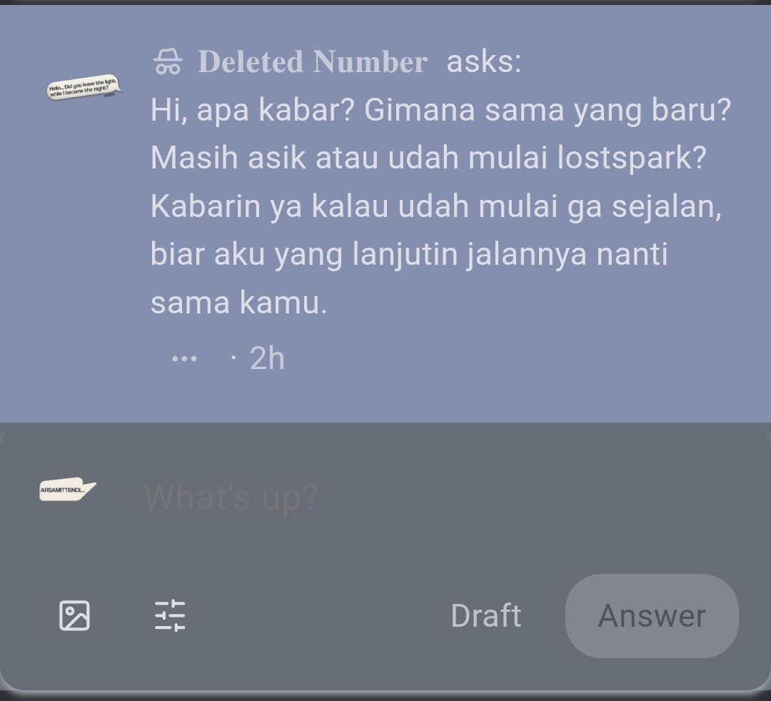 AshesHugo's tweet photo. @ArsAmittendi Kabarnya baik, sama yang baru lebih happy nih dan gak akan lost spark kaya pas kamu lost spark sama aku itu. Jalannya udah buntu jadi gak perlu yaa. [Hugo Version] 

Versi pengyou? :__) https://t.co/PwWt7j9IdD