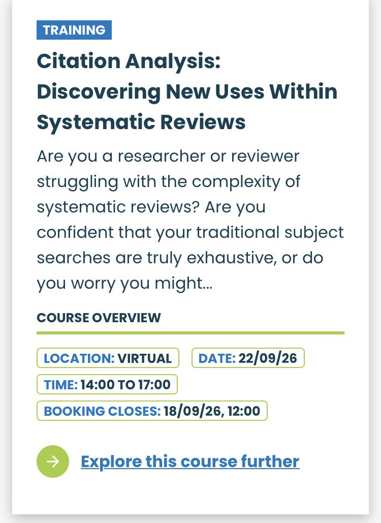 biblioGetafe's tweet photo. Curso de formación presentará las herramientas de análisis de citas más recientes y técnicas innovadoras.

Free online training: Citation Analysis: Discovering New Uses Within Systematic Reviews (22 Sept 2026)

https://t.co/NzoV0TyE4E https://t.co/jTrekrXYHY