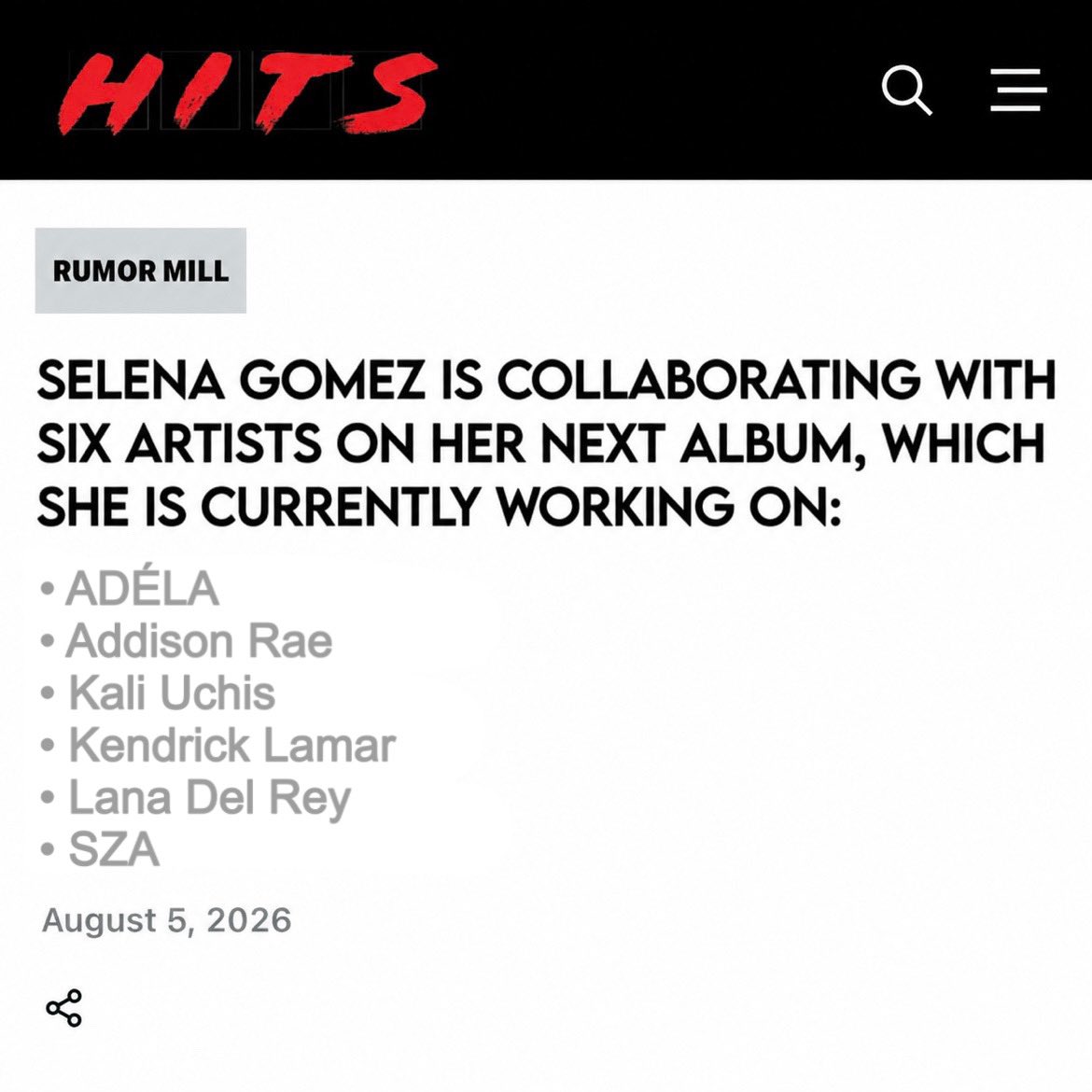 stivegomezz's tweet photo. 🚨According to HITSDD, Selena Gomez is collaborating with those artists on her upcoming studio album: 
• ADÉLA
• Addison Rae
• Kali Uchis 
• Kendrick Lamar
• Lana Del Rey
• SZA https://t.co/TrKf0vuKvt