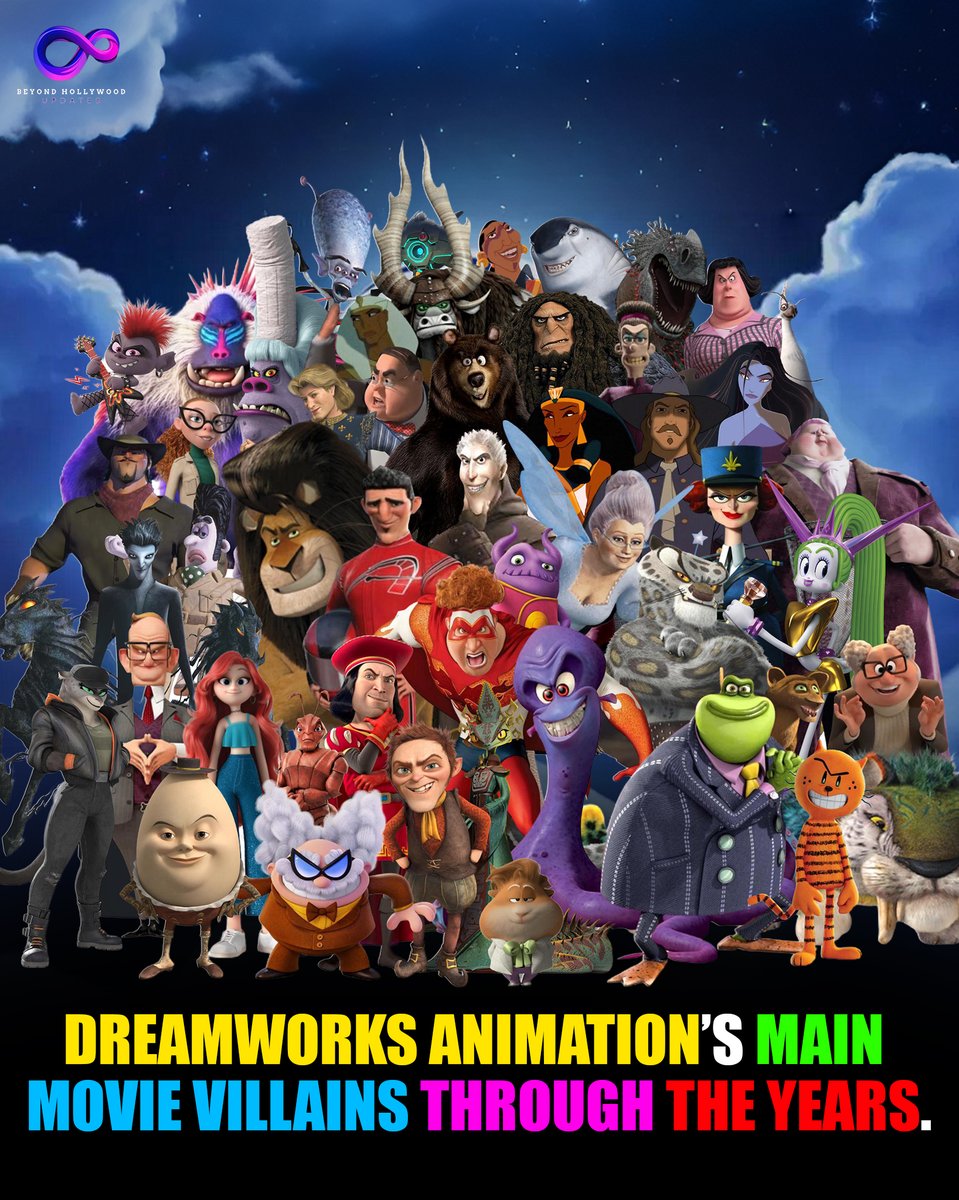 BeyondHUpdate's tweet photo. DreamWorks Animation’s Main Movie Villains Through the Years 😈🎬
Since its debut in 1998, DreamWorks Animation has introduced a memorable lineup of unforgettable villains, from ruthless rulers and cunning masterminds to fearsome monsters and deceptive tricksters.
Lord Farquaad — Shrek
Fairy Godmother — Shrek 2
Prince Charming — Shrek the Third
Rumpelstiltskin — Shrek Forever After
Thelonious — The Prince of Egypt
General Mandible — Antz
The Colonel — Chicken Run
Oscar's Boss Sykes — Shark Tale
Gallaxhar — Monsters vs. Aliens
Pitch Black — Rise of the Guardians
Captain Chantel DuBois — Madagascar 3: Europe's Most Wanted
Makunga — Madagascar: Escape 2 Africa
Nana — Madagascar
Zuba — Madagascar
Dr. Blowhole — The Penguins of Madagascar
Tai Lung — Kung Fu Panda
Lord Shen — Kung Fu Panda 2
Kai — Kung Fu Panda 3
The Chameleon — Kung Fu Panda 4
Red Death — How to Train Your Dragon
Drago Bludvist — How to Train Your Dragon 2
Grimmel the Grisly — How to Train Your Dragon: The Hidden World
Death (The Big Bad Wolf) — Puss in Boots: The Last Wish
Humpty Dumpty — Puss in Boots
Megamind (initially the antagonist) — Megamind
Tighten (Hal Stewart) — Megamind
Vector Perkins — Home
Captain Smek — Home
King Gristle Jr. — Trolls
Queen Barb — Trolls World Tour
Velvet & Veneer — Trolls Band Together
Ercole Visconti — The Road to El Dorado
Rasputin — Sinbad: Legend of the Seven Seas
Captain Gutt — Sinbad (concept art inspiration only; not DreamWorks)
The Croodaceous Punch Monkey Leader (if counting promotional art, otherwise omitted)
Captain Smek — Home
Professor Poopypants — Captain Underpants: The First Epic Movie
The Boogeyman — Rise of the Guardians
The Baker — The Bad Guys
Professor Marmalade — The Bad Guys
#DreamWorks #DreamWorksAnimation #Animation