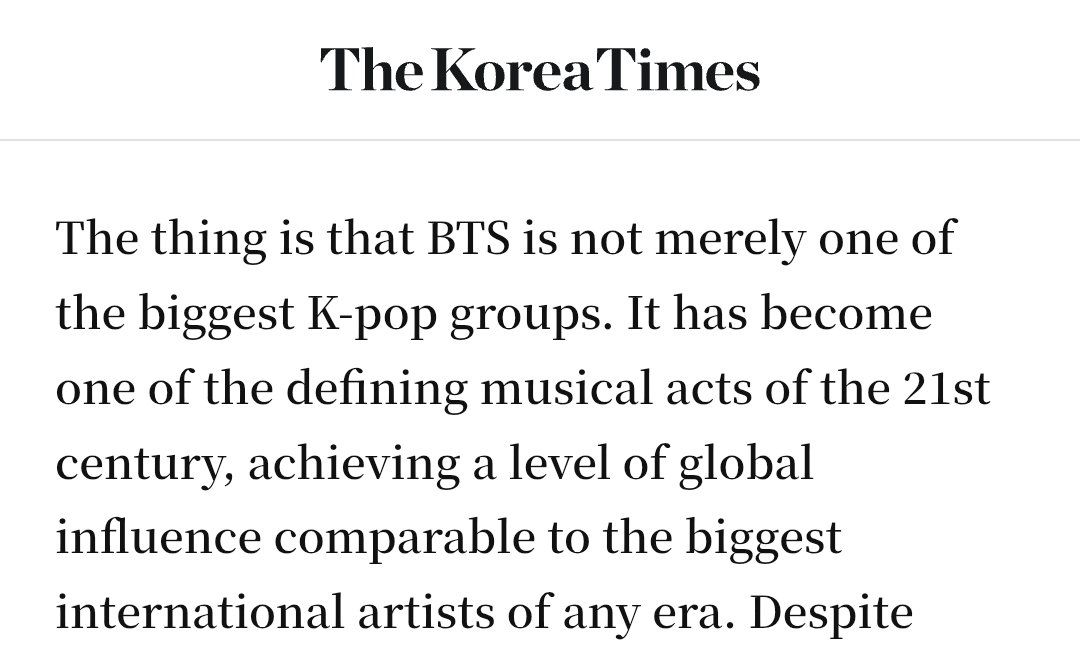 Yoon_kookie97's tweet photo. The Korea Times ATE WITH THIS 🔥

- “The thing is that BTS is not merely one of the biggest k-pop groups. It has become one of the defining Musical acts of the 21st century, achieving a level of global influence comparable to the biggest international artists of any era” https://t.co/goT0emCGv3