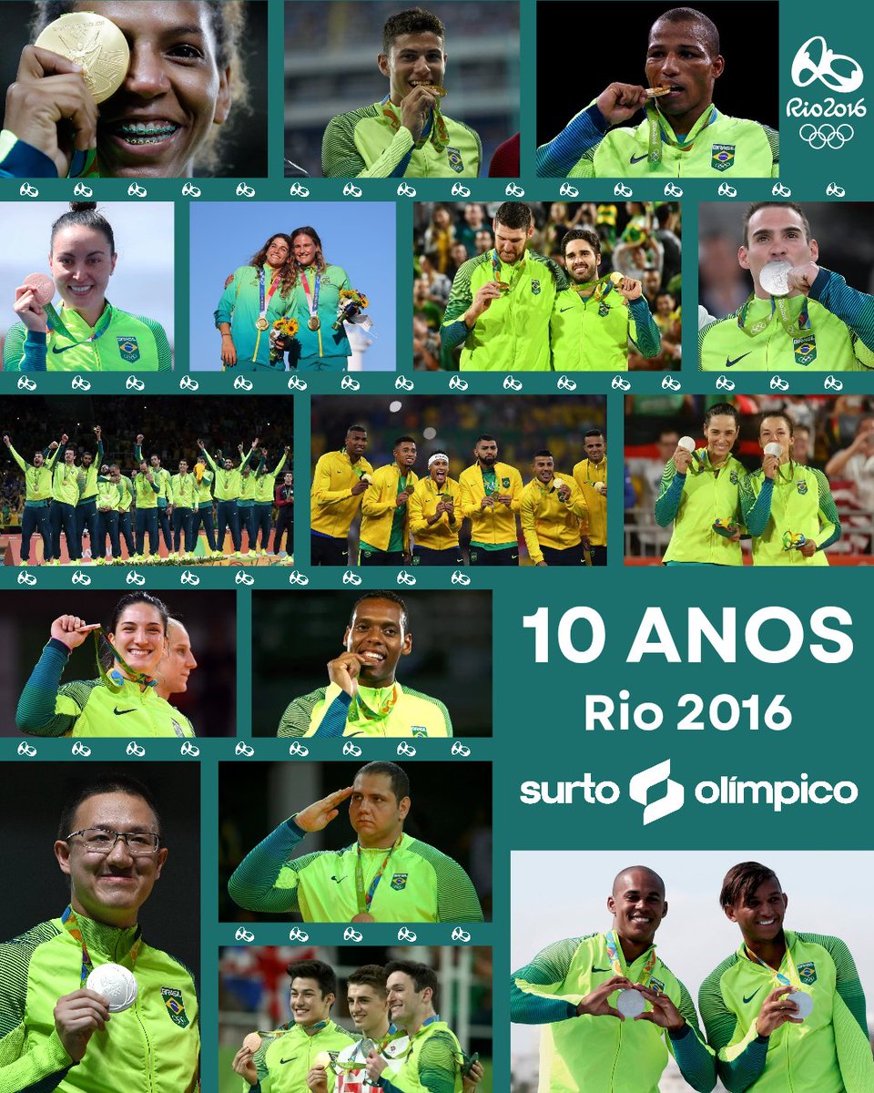 SurtoOlimpico's tweet photo. Há 10 anos, o Brasil fazia história ao receber os primeiros Jogos Olímpicos da América do Sul. A Rio 2016 reuniu o mundo, revelou grandes histórias e deixou um legado no esporte brasileiro, com lembranças de medalhas inesquecíveis. Confira todas as medalhas brasileiras conquistadas nas olimpíadas do Rio:

🥇 Ouro
Rafaela Silva - Judô (-57 kg)
Thiago Braz - Atletismo (salto com vara)
Robson Conceição - Boxe (-60 kg)
Martine Grael e Kahena Kunze - Vela (49er FX)
Alison Cerutti e Bruno Schmidt - Vôlei de praia
Seleção Brasileira Masculina de Futebol
Seleção Brasileira Masculina de Voleibol

🥈 Prata
Felipe Wu - Tiro esportivo (pistola de ar 10 m)
Diego Hypólito - Ginástica artística (solo)
Arthur Zanetti - Ginástica artística (argolas)
Isaquias Queiroz - Canoagem velocidade (C1 1000 m)
Isaquias Queiroz e Erlon de Souza - Canoagem velocidade (C2 1000 m)
Ágatha Bednarczuk e Bárbara Seixas - Vôlei de praia

🥉 Bronze 
Mayra Aguiar - Judô (-78 kg)
Rafael Silva - Judô (+100 kg)
Arthur Nory - Ginástica artística (solo) 
Poliana Okimoto - Maratona aquática
Isaquias Queiroz - Canoagem velocidade (C1 200 m)
Maicon Andrade - Taekwondo (+80 kg)