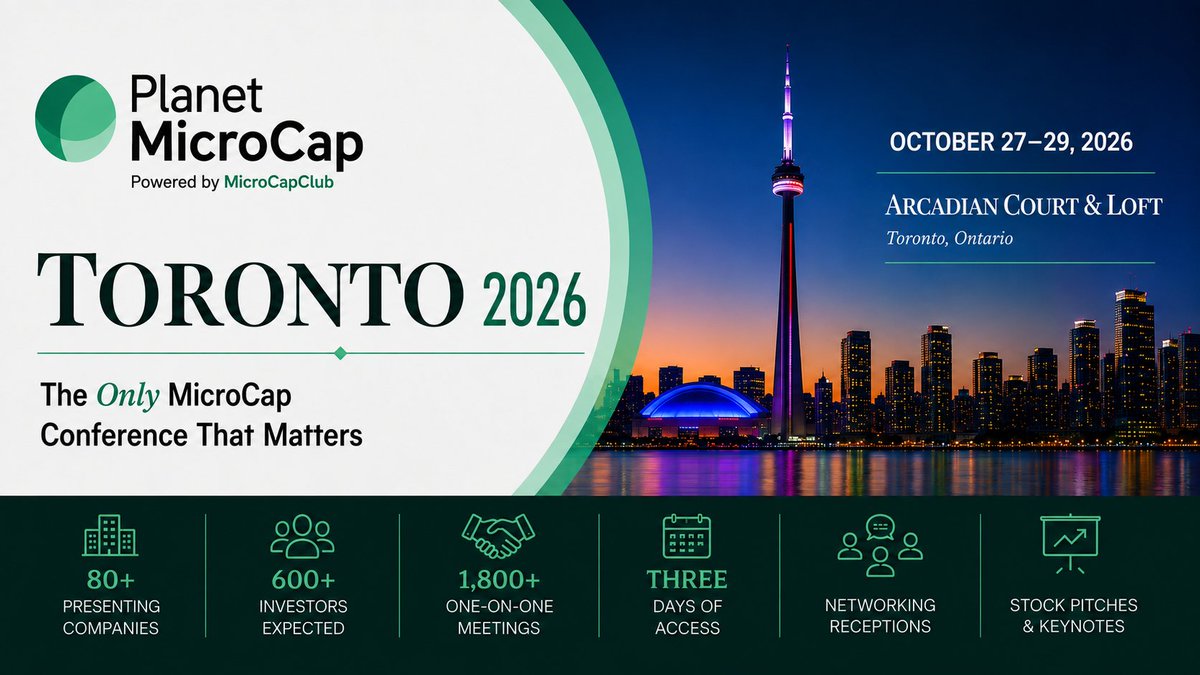 BobbyKKraft's tweet photo. Planet MicroCap Toronto 2026 - First 60+ Companies, Speakers & Sponsors

The lineup for @PlanetMicroCap Toronto 2026 is taking shape - we've just confirmed our first 60+ companies, speakers, and sponsors, and interest is picking up fast.

More companies and attendees are being added weekly, and capacity is limited. If you’re serious about microcaps, this is where you need to be.

POST: https://t.co/tYWStUOJjt
REGISTER: https://t.co/2Nnb1TtD0E
