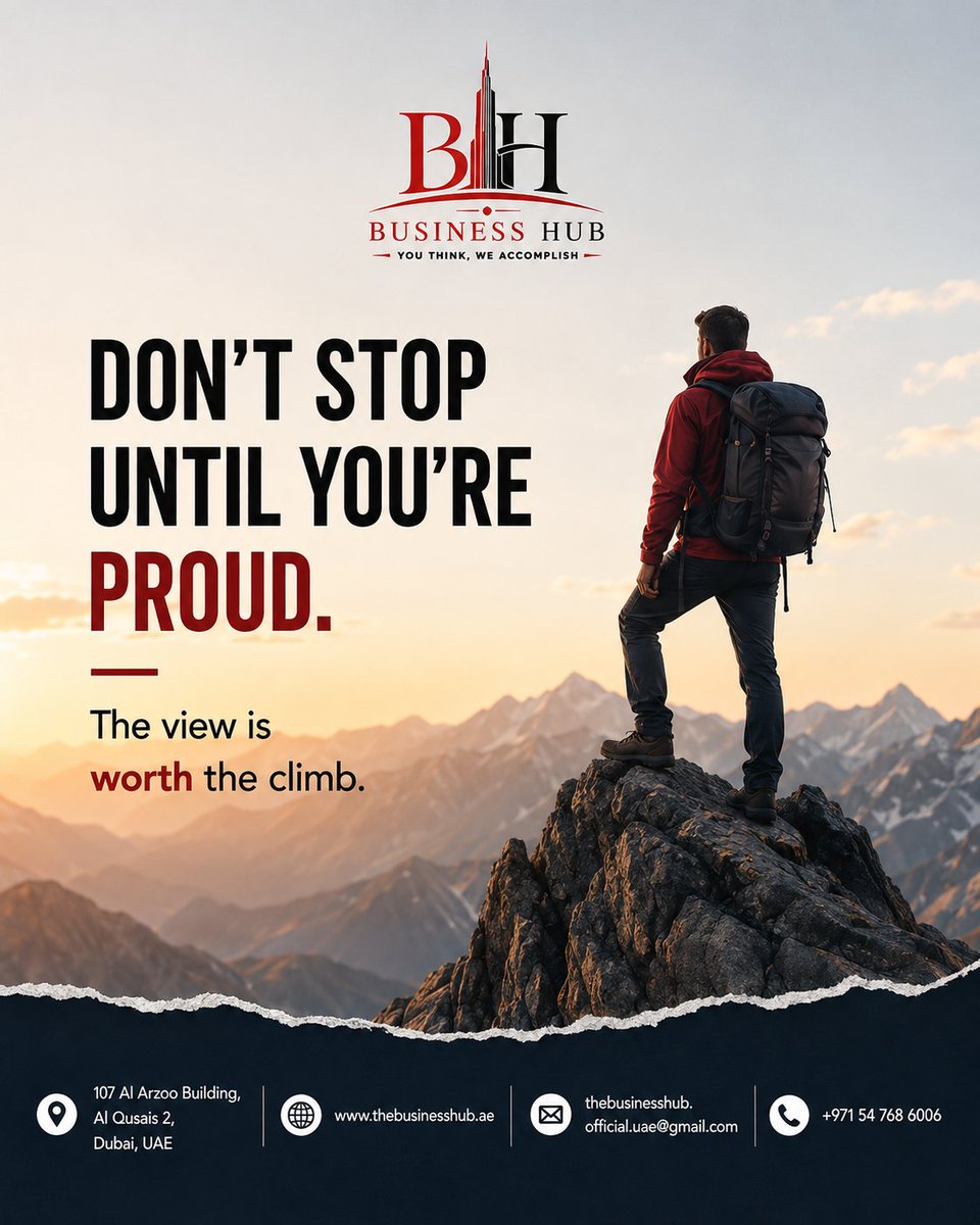 BUSINESSHUBDOC's tweet photo. Don’t stop until you’re proud. Every challenge brings you closer to the top—the view is worth the climb. ⛰️

#KeepGoing #SuccessJourney #Motivation #BusinessHub #DubaiBusiness https://t.co/G9c5PAYBLM