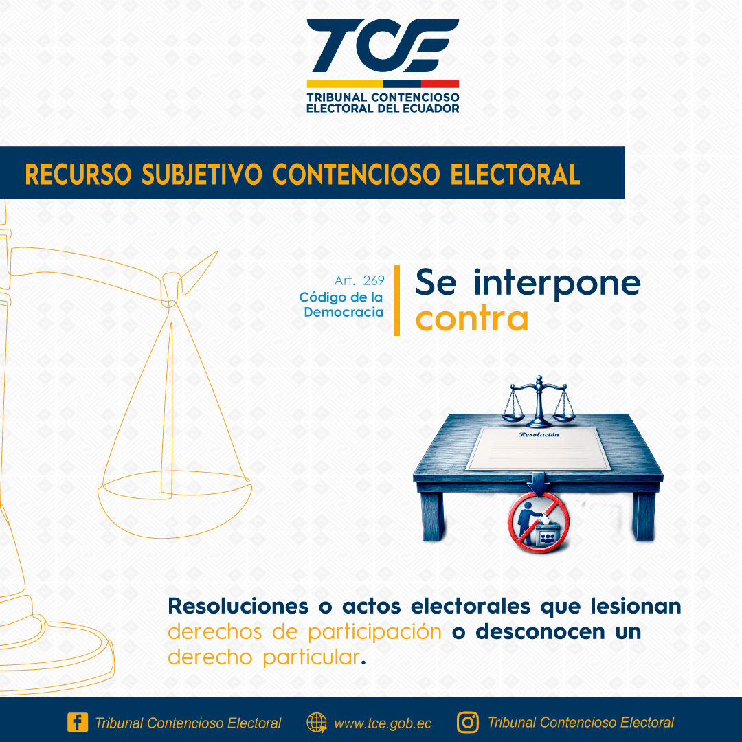 TCE_Ecuador's tweet photo. ⚖️¿𝐶𝑜𝑛𝑜𝑐𝑒𝑠 𝑞𝑢é 𝑒𝑠 𝑒𝑙 𝑅𝑒𝑐𝑢𝑟𝑠𝑜 𝑆𝑢𝑏𝑗𝑒𝑡𝑖𝑣𝑜 𝐶𝑜𝑛𝑡𝑒𝑛𝑐𝑖𝑜𝑠𝑜 𝐸𝑙𝑒𝑐𝑡𝑜𝑟𝑎𝑙? 

📜Es aquel que se interpone contra las resoluciones o actos de la administración electoral cuando lesionan los derechos de participación de la ciudadanía, candidatas, candidatos u organizaciones políticas. 

✍️Revisa el art. 269 del Código de la democracia, para saber más sobre este recurso.