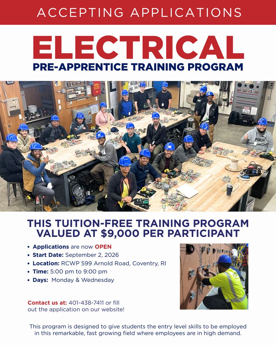 RCWPRI's tweet photo. Power your future with RCWP’s tuition-free Electrical Pre-Apprentice Program. Starts Sept. 2 in Coventry, Mondays and Wednesdays, 5–9 PM. Gain hands-on training and credentials.

Apply: https://t.co/clJWhylSe2

 ☎️ 401-438-7411 https://t.co/z3eujekGQg