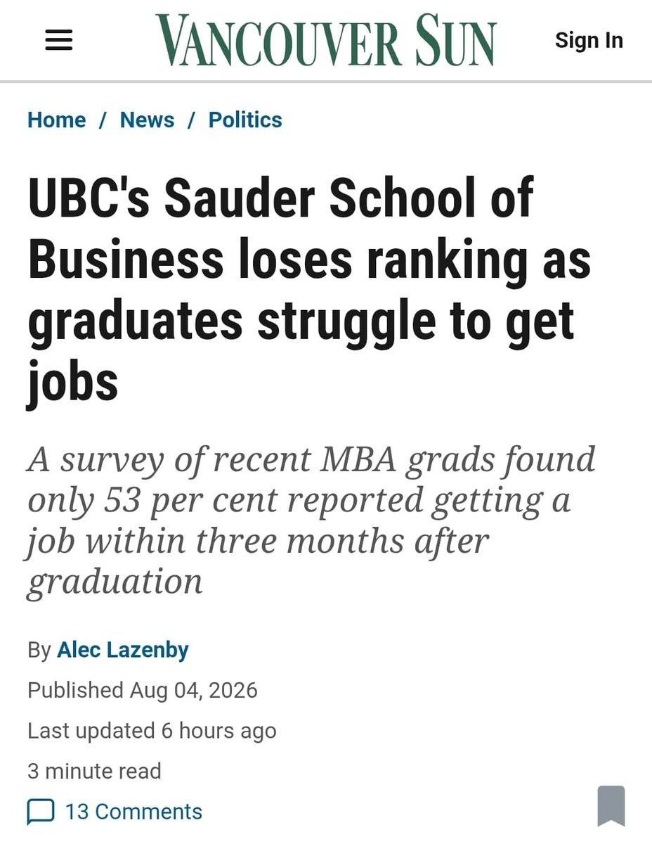 JohnRustad4BC's tweet photo. UBC Sauder’s MBA program just ranked second-last in the entire world for a reason: only about half of their 2025 graduates had a job three months after finishing. Seventy-two percent of the class are international students. Meanwhile, local graduates are struggling and businesses keep telling us they can’t find the right people or can’t afford to expand here.

This isn’t a surprise. Under the NDP we’ve seen private-sector job growth stagnate while the government piles on taxes, red tape, and uncertainty. The average home in Metro Vancouver still costs well over a million dollars, with the benchmark price sitting around $1.1 million. Young people finishing an expensive degree can’t get a foothold when housing is that out of reach.

Corporate head offices aren’t coming to Vancouver. In fact, they’re heading the other way. Interfor just announced it’s moving most of its executive and back-office functions from Burnaby down to Georgia. Canadian manufacturers are openly looking at relocating production to the U.S. because of costs and uncertainty here. Our startup scene is under pressure too. Early-stage companies across Canada, including in B.C., are raising less capital and fewer deals are getting done while the money concentrates in a handful of larger rounds.

Universities keep expanding international enrolment because the tuition dollars are easy, but the jobs for those graduates and for our own kids just aren’t there. British Columbians deserve post-secondary programs that actually lead to good-paying work in a growing economy. That means getting serious about private-sector job creation, cutting the barriers that drive investment and talent away, and taking control of immigration so it serves our communities instead of overwhelming them.